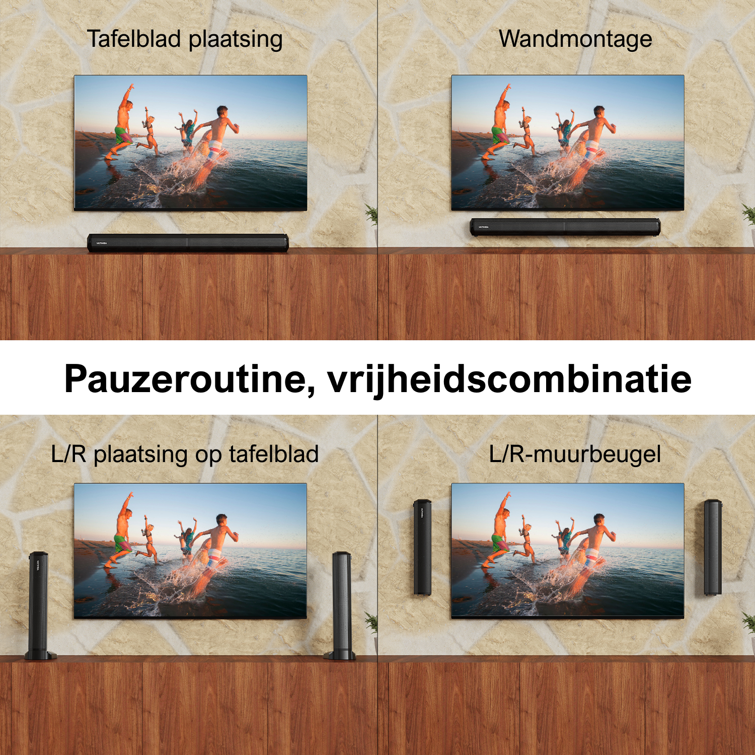 Quatre images présentant des options de placement de téléviseur avec du texte en néerlandais.