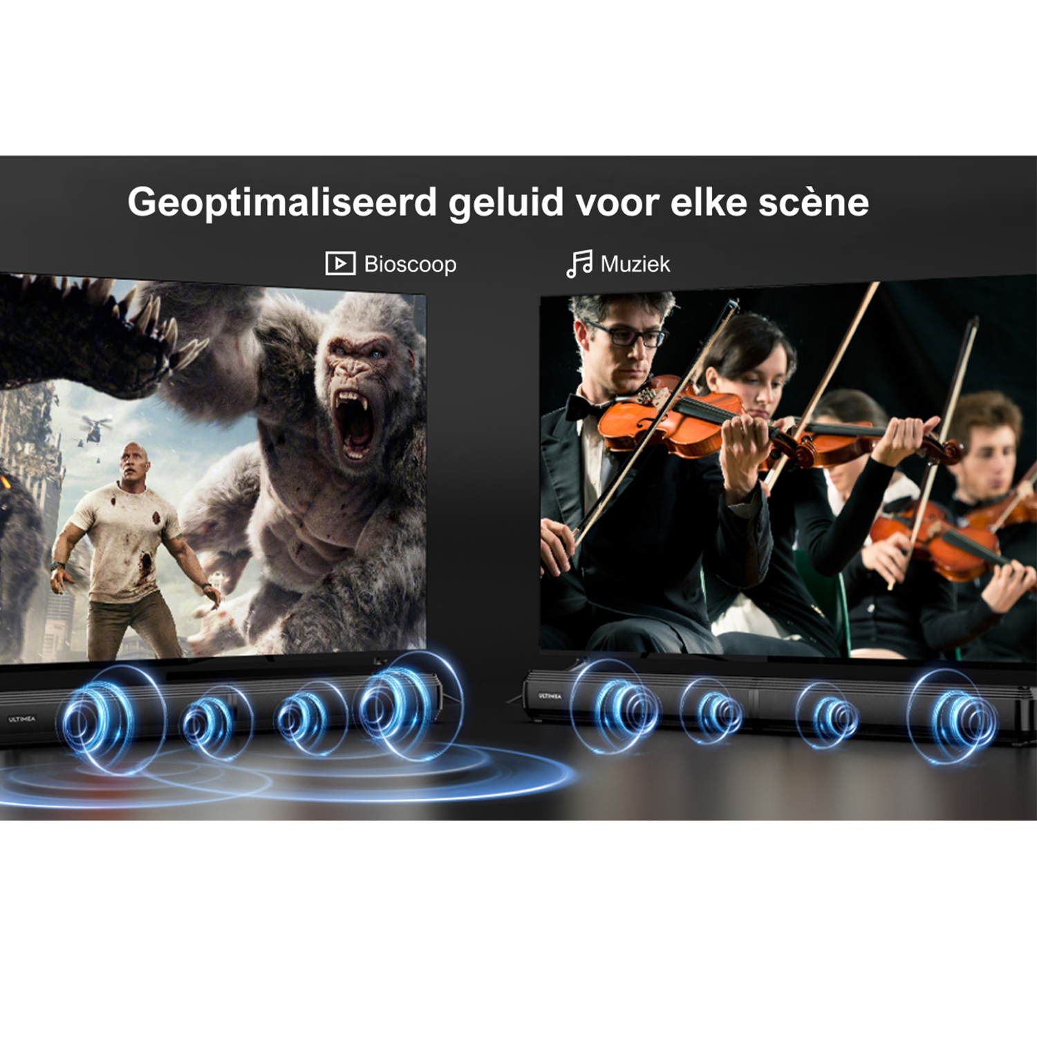 Een tv met twee scènes. Eén met een monster en de andere met een band.