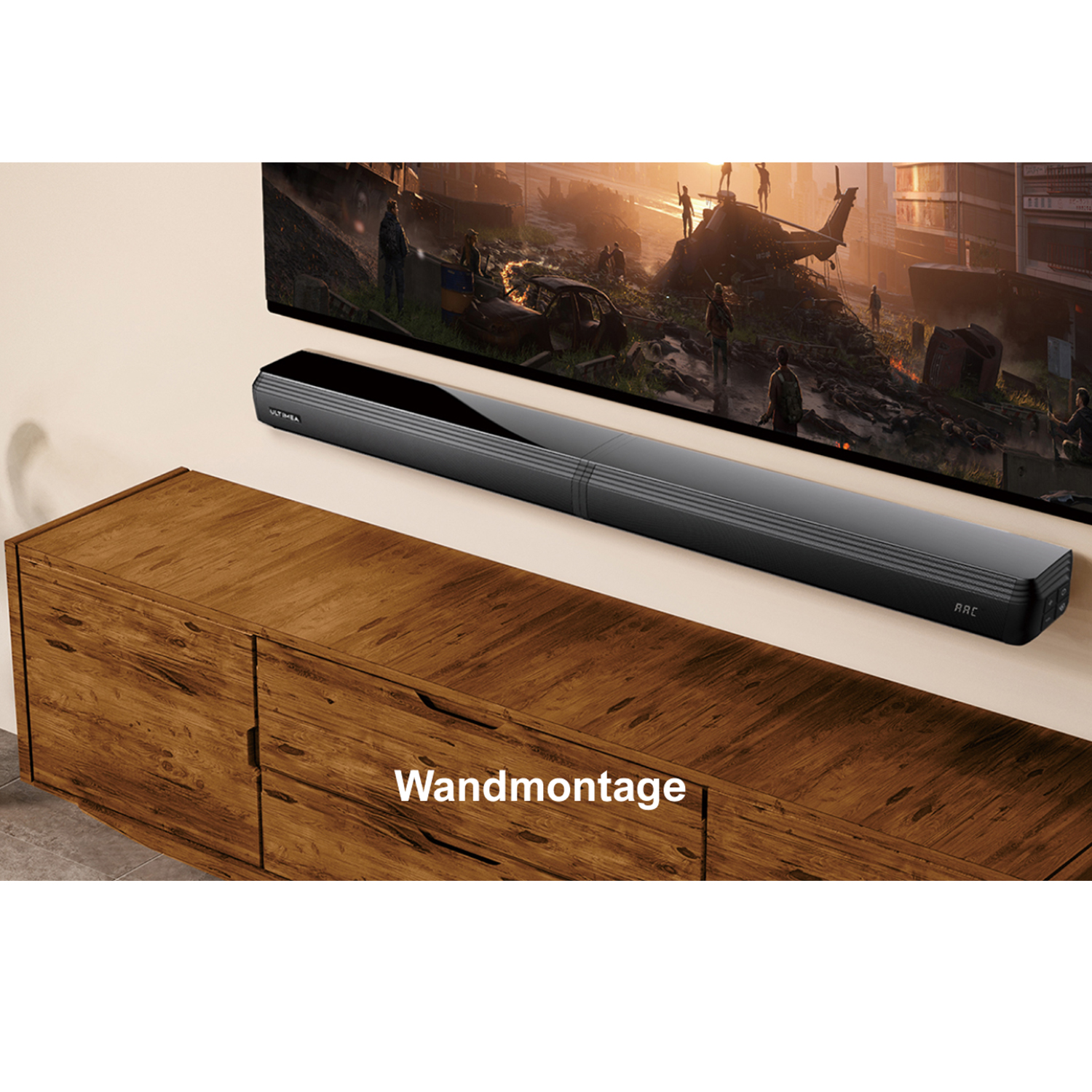 Een soundbar aan de muur gemonteerd onder een tv. Tekst zegt: Wandmontage.