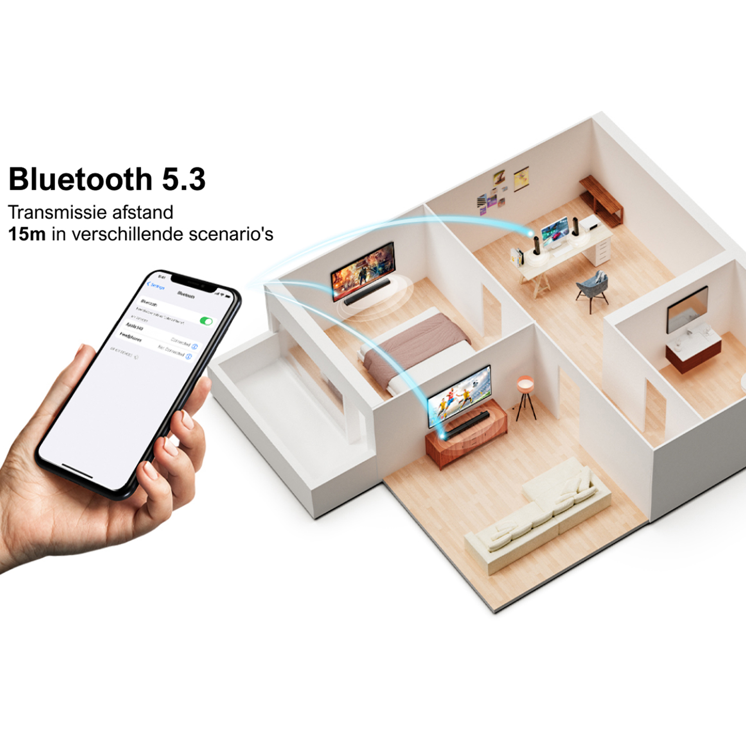 Hand met telefoon met Bluetooth-verbinding en een slimme huis-indeling.