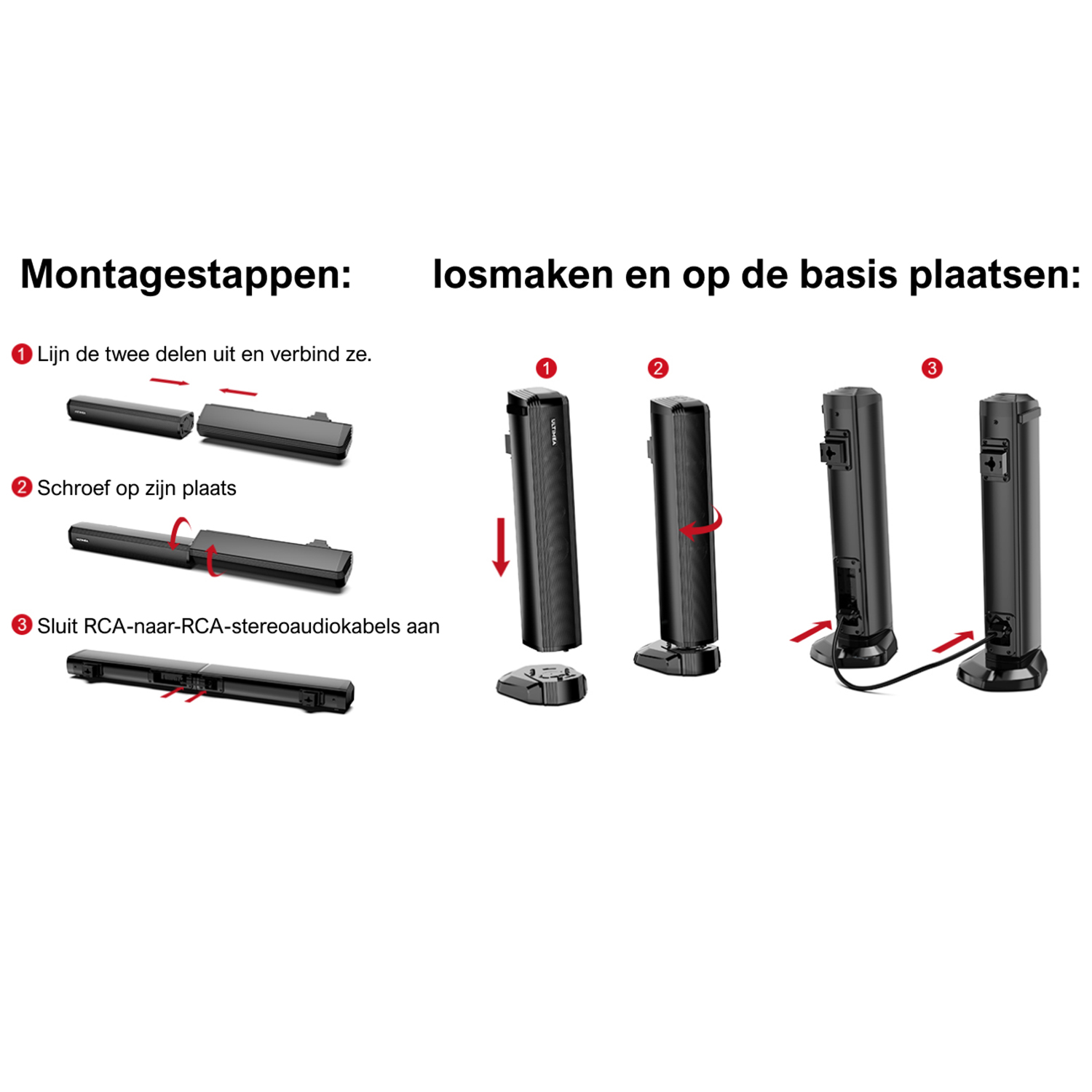 Diagram met montage stappen voor de soundbar. Omvat het verbinden van onderdelen, schroeven en aansluiten van RCA-kabels.