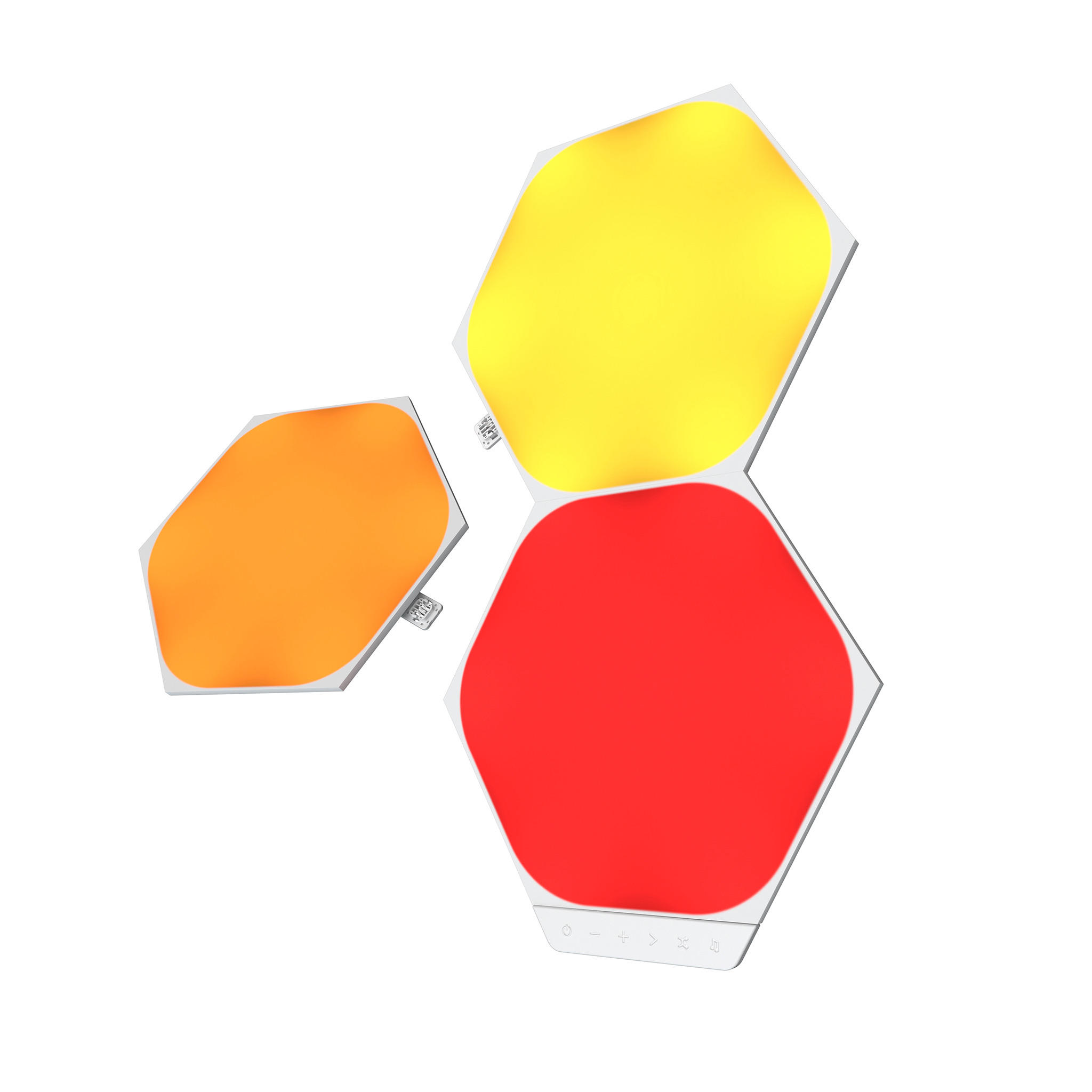 Sechseckige LED-Leuchten in Gelb, Orange und Rot mit einem Bedienfeld.