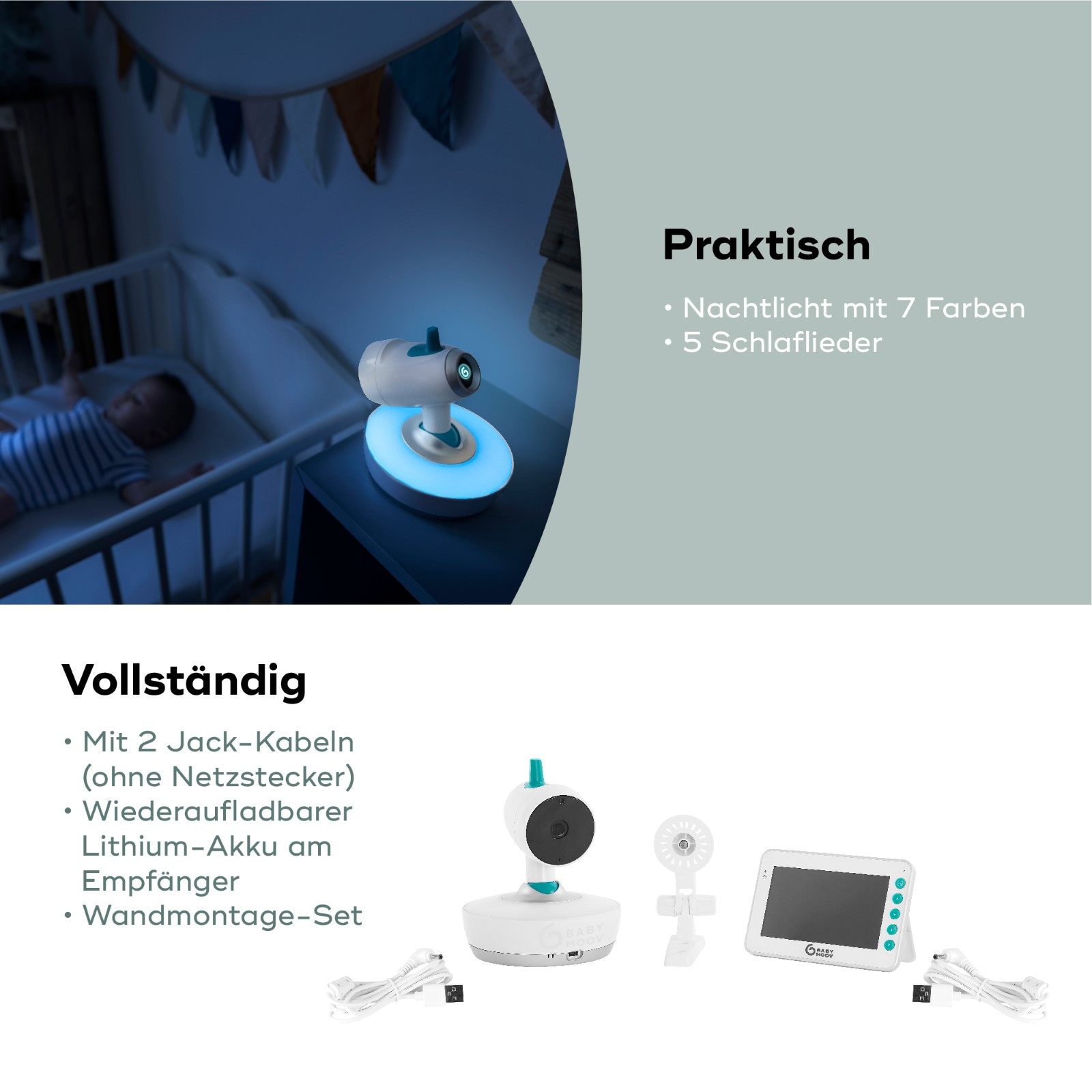 Babyphone mit Baby im Kinderbett und Produktdetails. Enthält Monitor, Kamera und Zubehör.