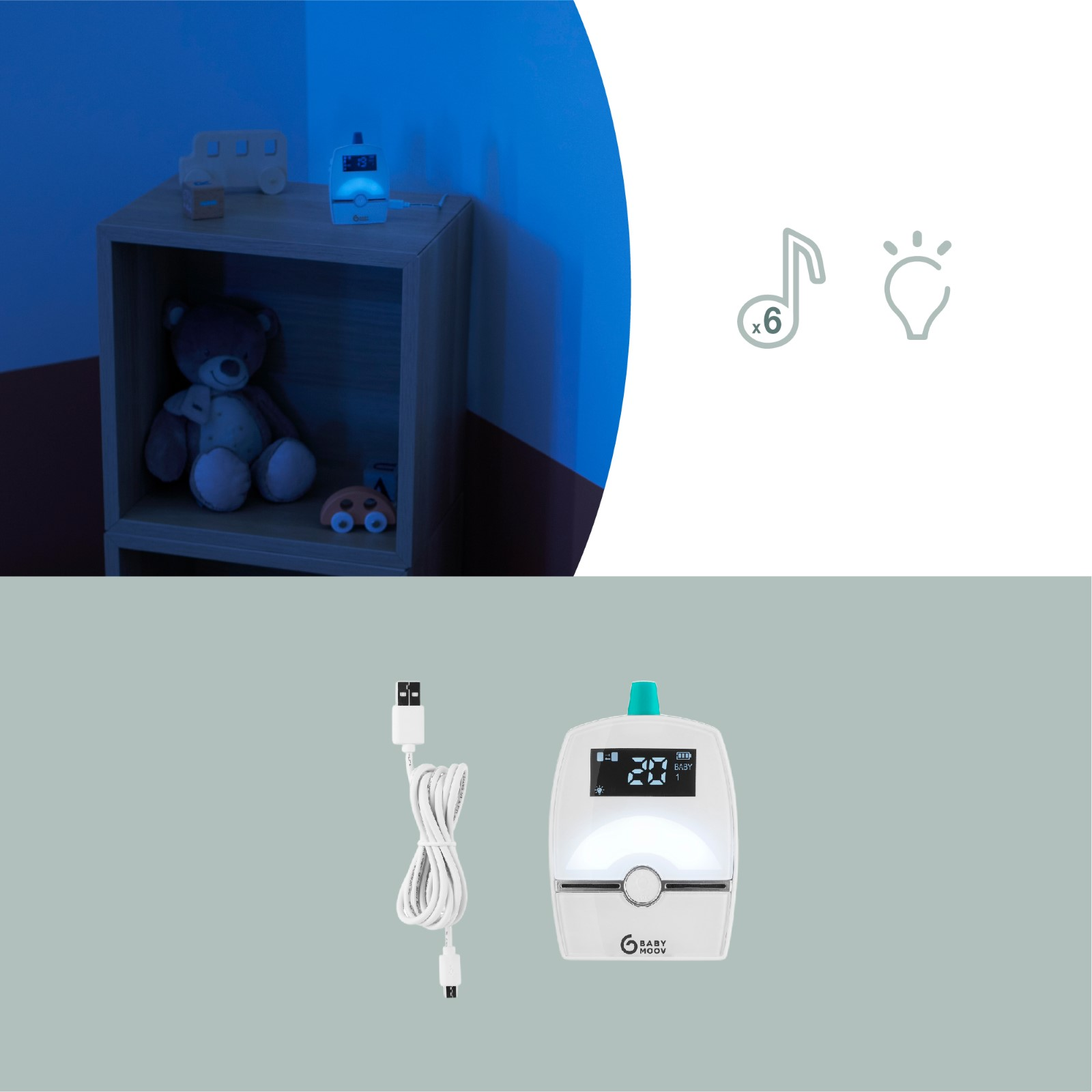 Weißer Babyphone mit Ladekabel und Spielzeug.