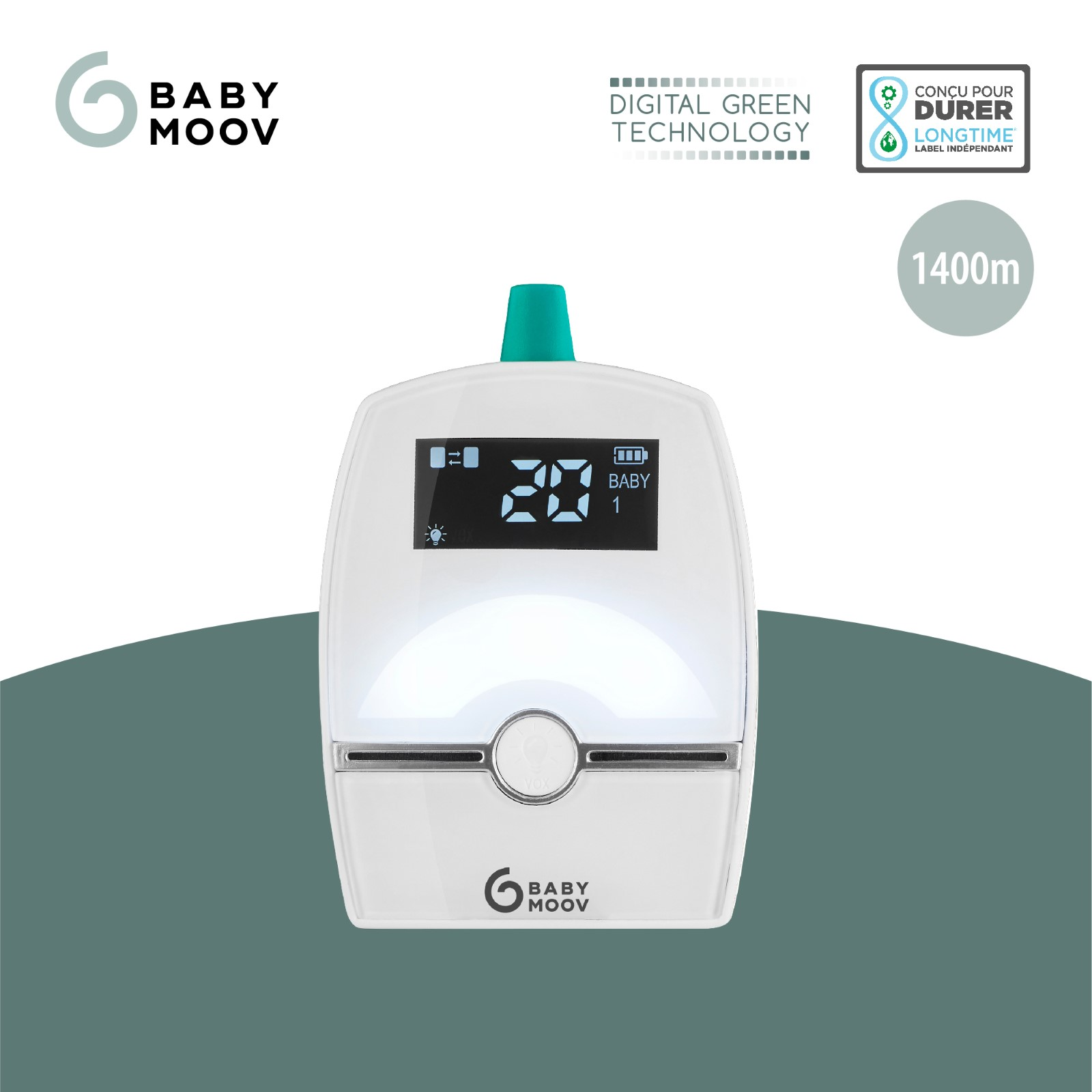 Weißer Babyphone mit Bildschirm, der Zahlen, ein Baby-Symbol und das BabyMooV-Logo anzeigt.