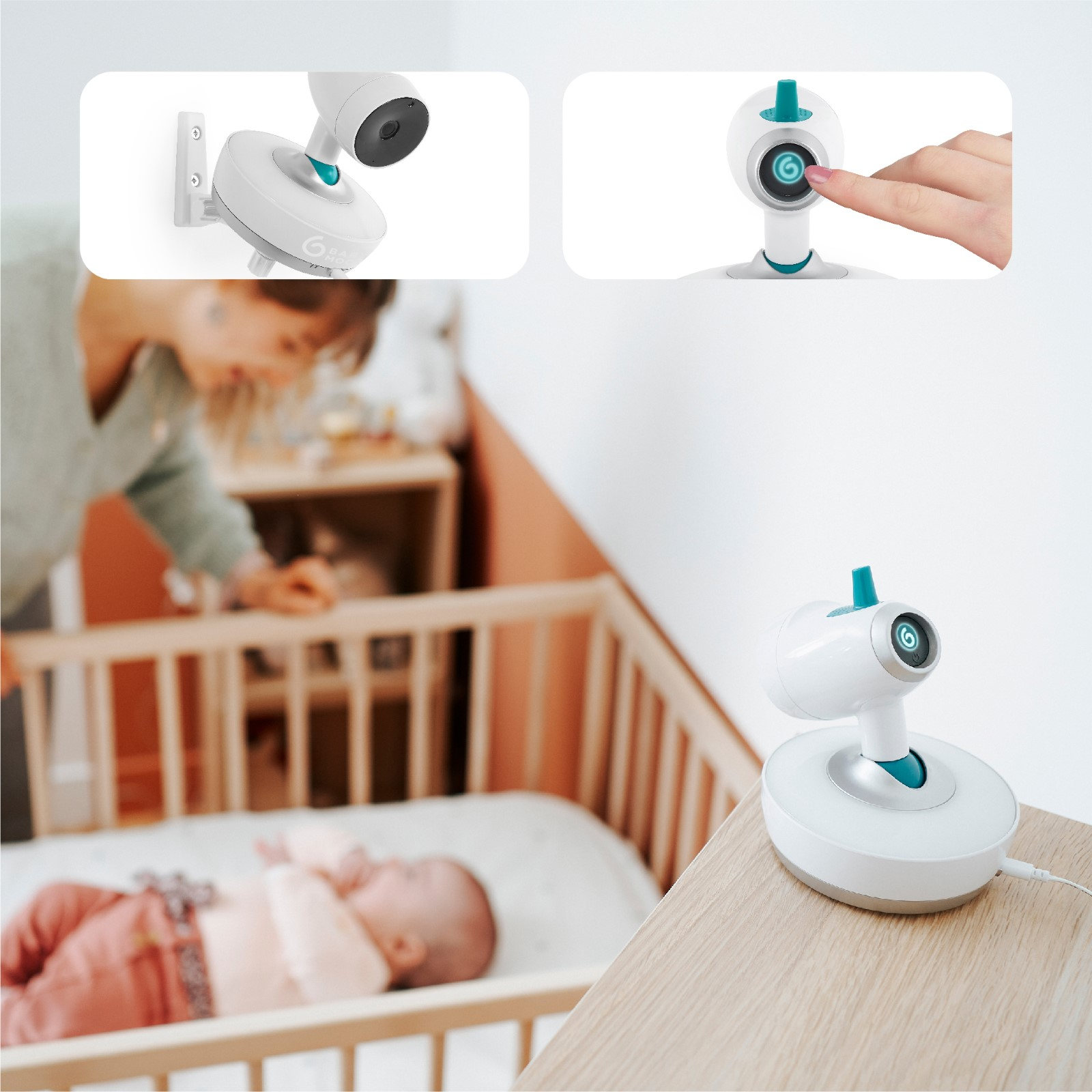 Ein Babyphone mit einem Baby in einem Kinderbett. Details zeigen die Funktionen des Monitors und die Hand einer Person.