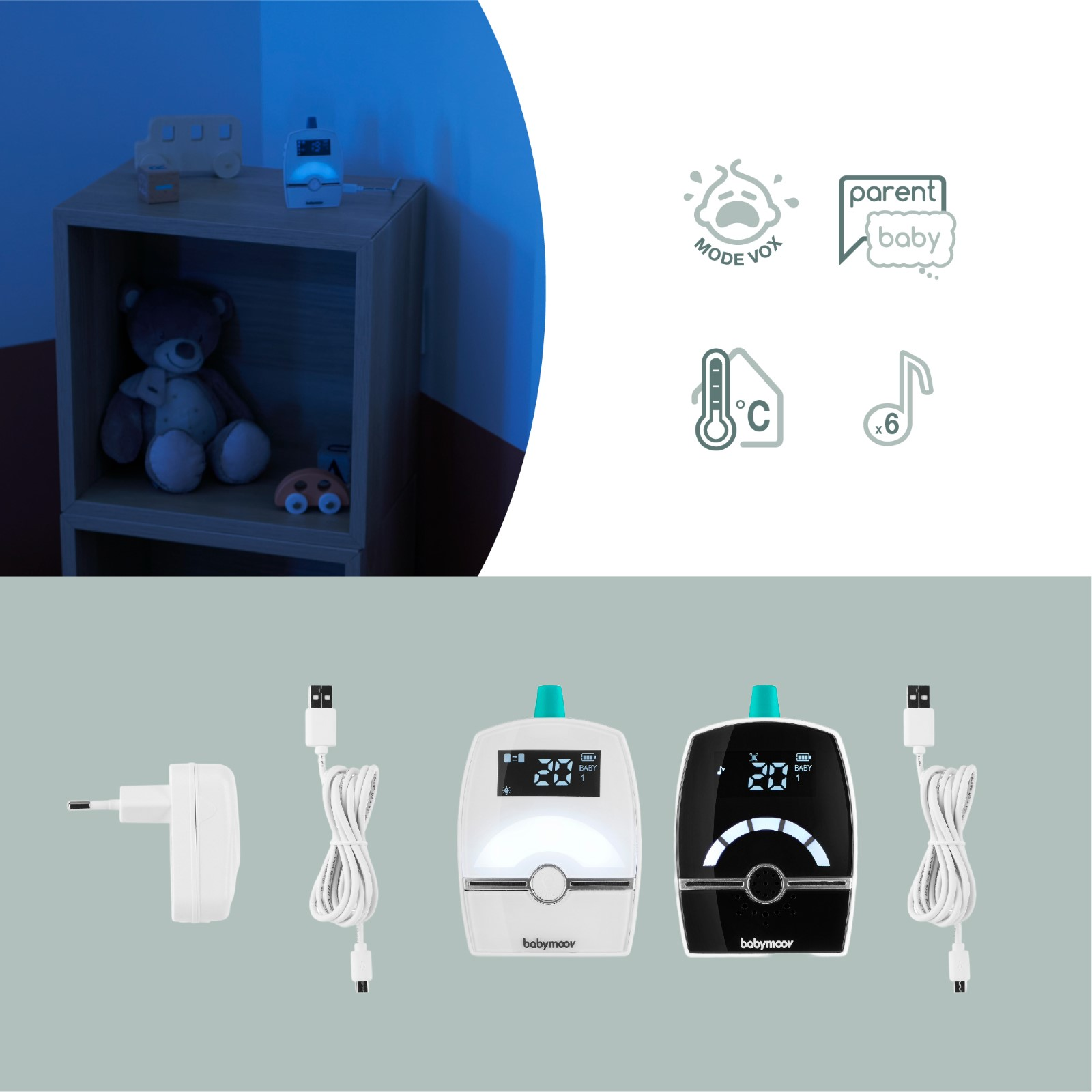 Babyphone-Set mit zwei Geräten, Ladegerät und Symbolen. Enthält ein Babybett mit Spielzeug und einen Baby-Monitor.