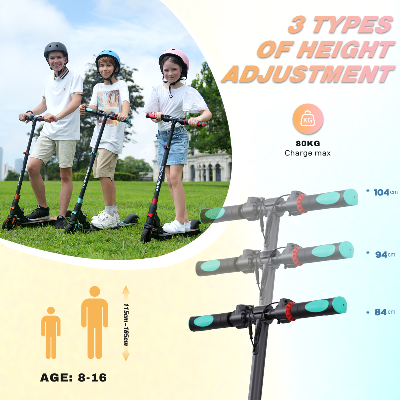 Troje dzieci na hulajnogach. Grafika pokazuje regulację wysokości z wymiarami, limitem wagowym i przedziałem wiekowym.