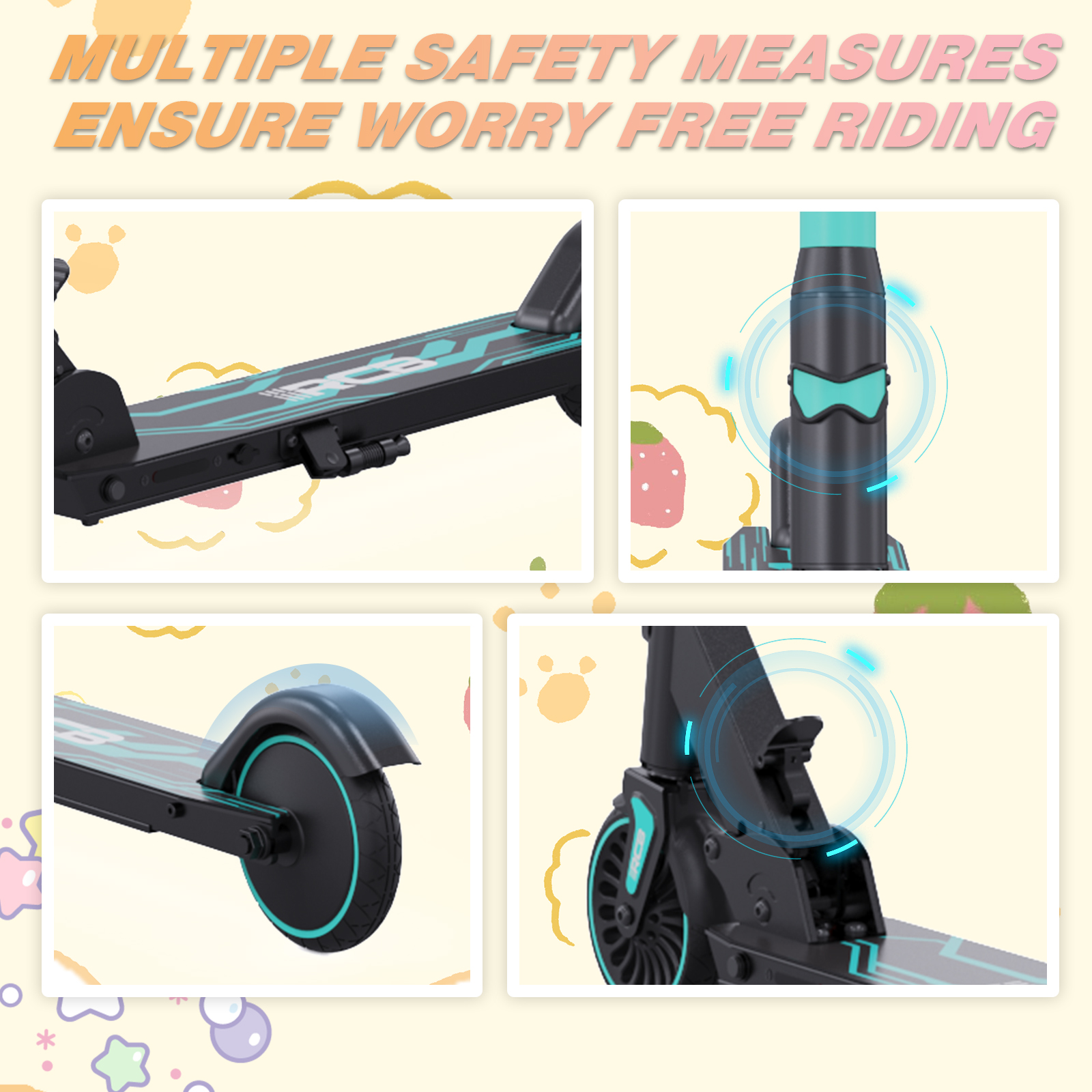 Zbliżenia na hulajnogę elektryczną pokazujące jej funkcje bezpieczeństwa, takie jak składane przeguby i błotnik.