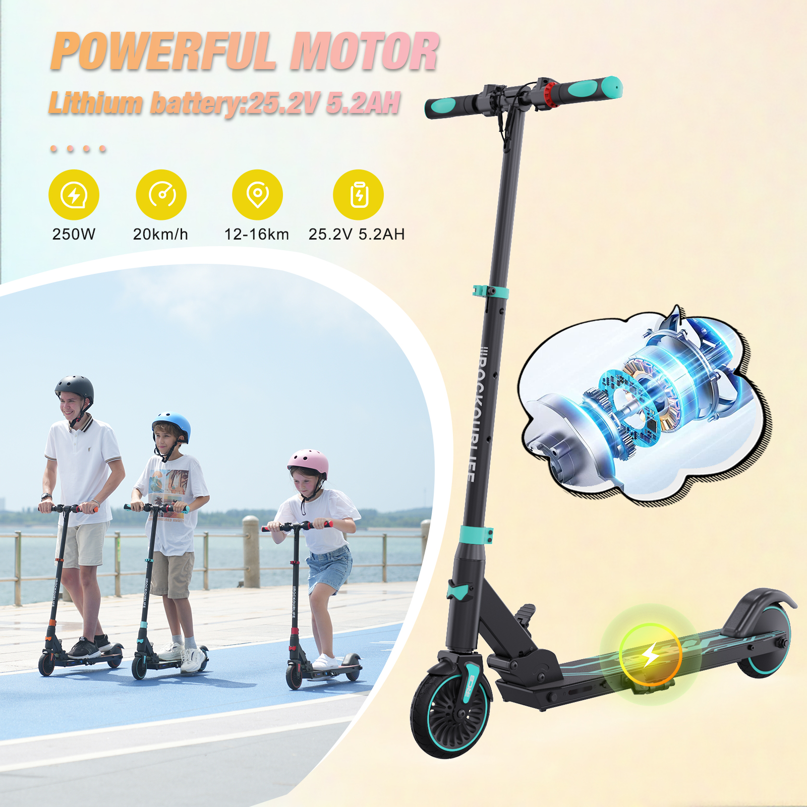 Troje dzieci jeżdżących na hulajnogach z hulajnogą po prawej stronie. Ikony i tekst w tle.