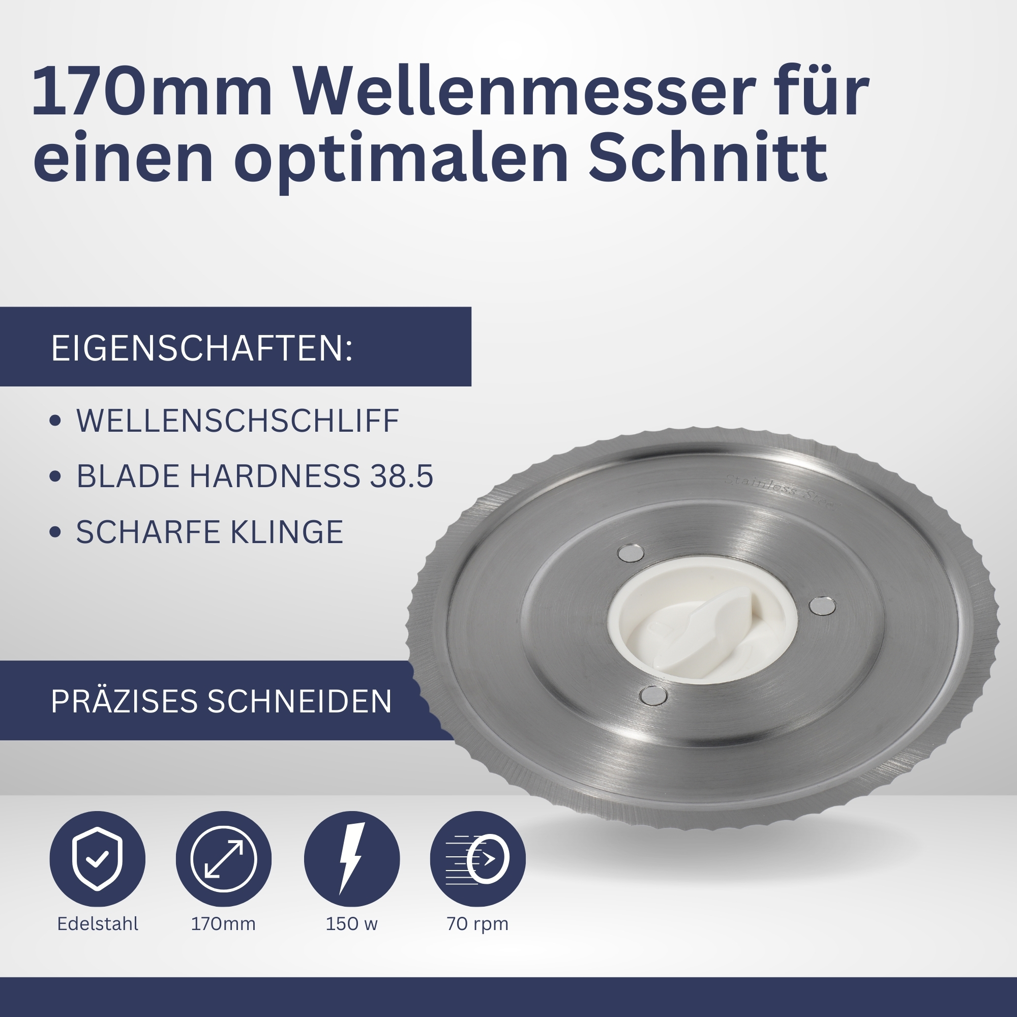 Eine Kreisklinge mit technischen Details, einschließlich Klingenhärte und Drehzahl, auf weißem Hintergrund.