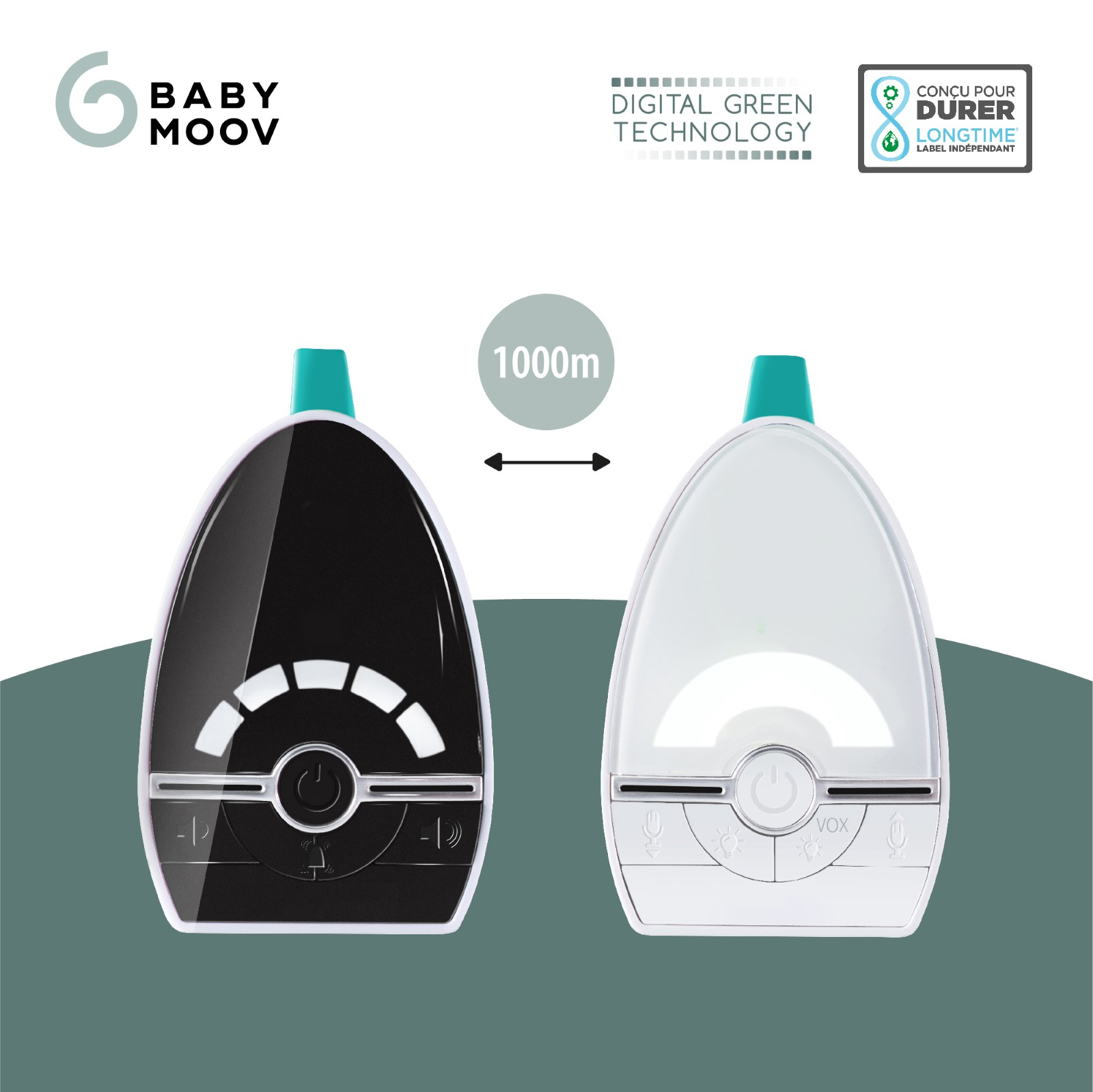 Babyphone-Einheiten. Schwarze und weiße Geräte mit Knöpfen und Bildschirm. 1000 m Reichweite angegeben.