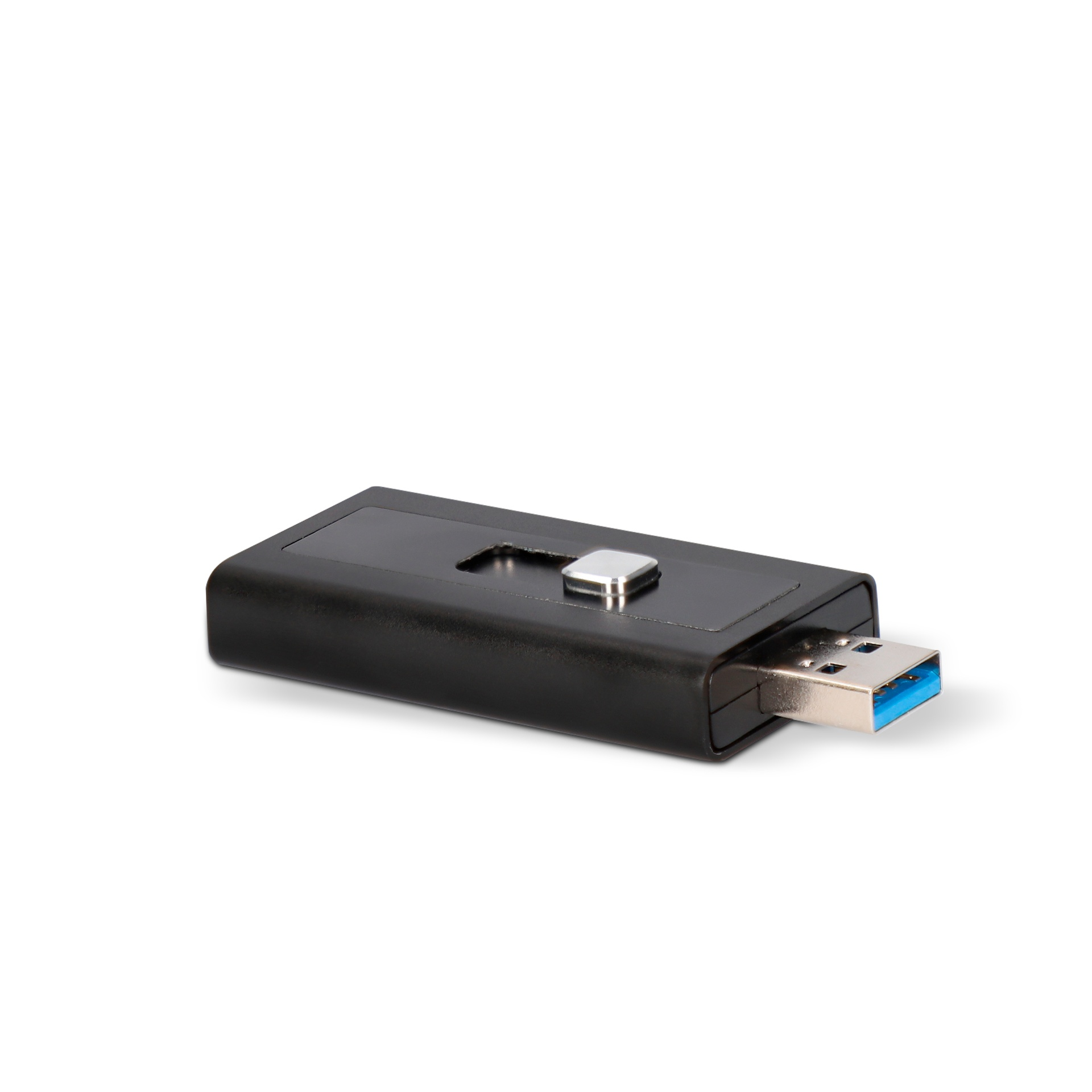 Adaptador USB 3.0 negro con conector USB.