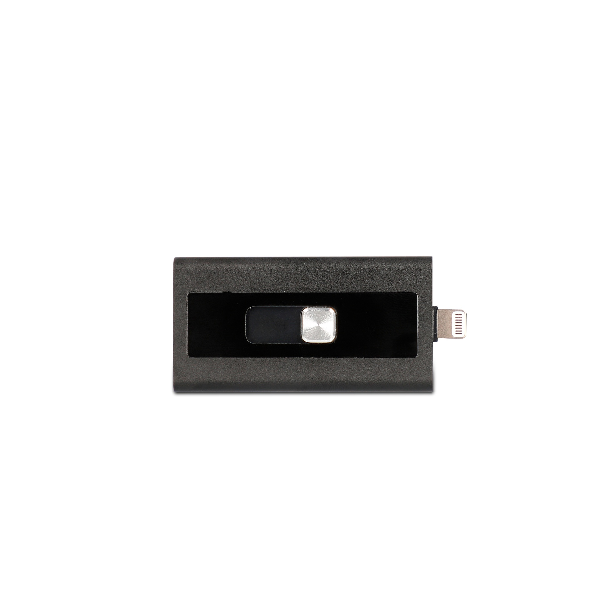 Unidad USB rectangular negra. Cuenta con un pequeño botón plateado. Fondo blanco.