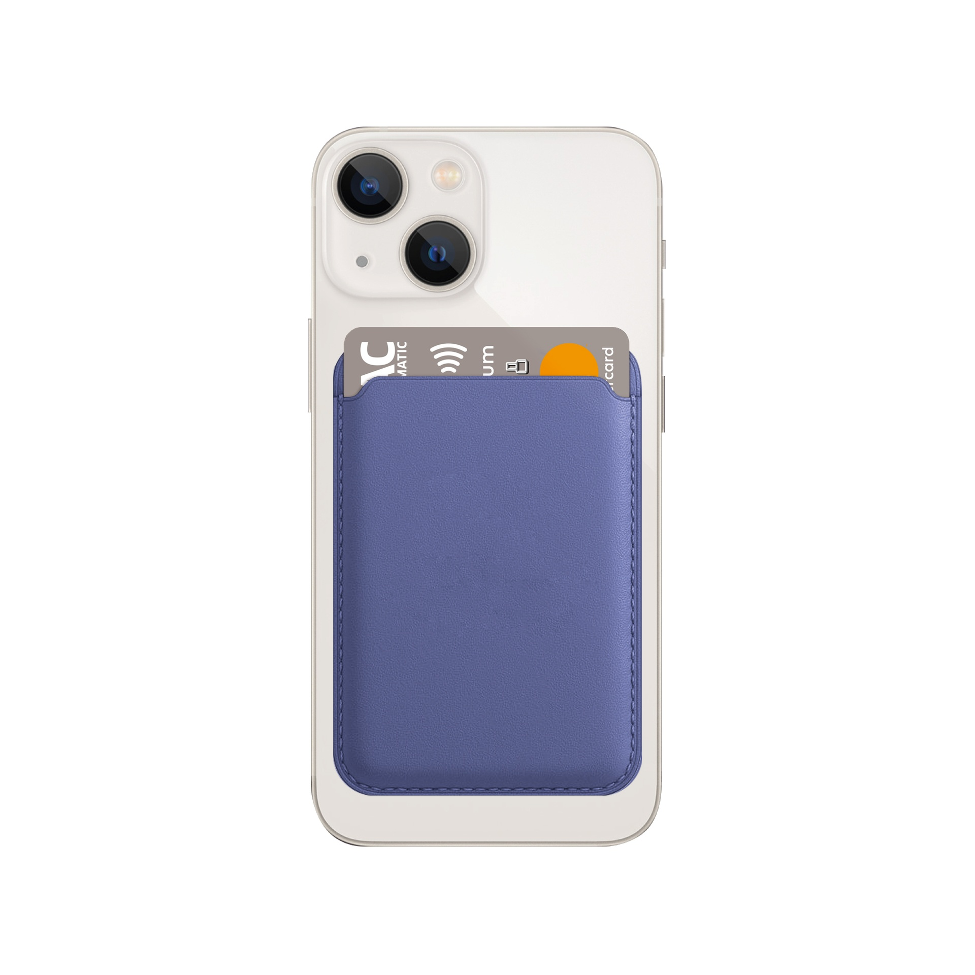 iPhone con un tarjetero azul adherido, sosteniendo una tarjeta con logo.