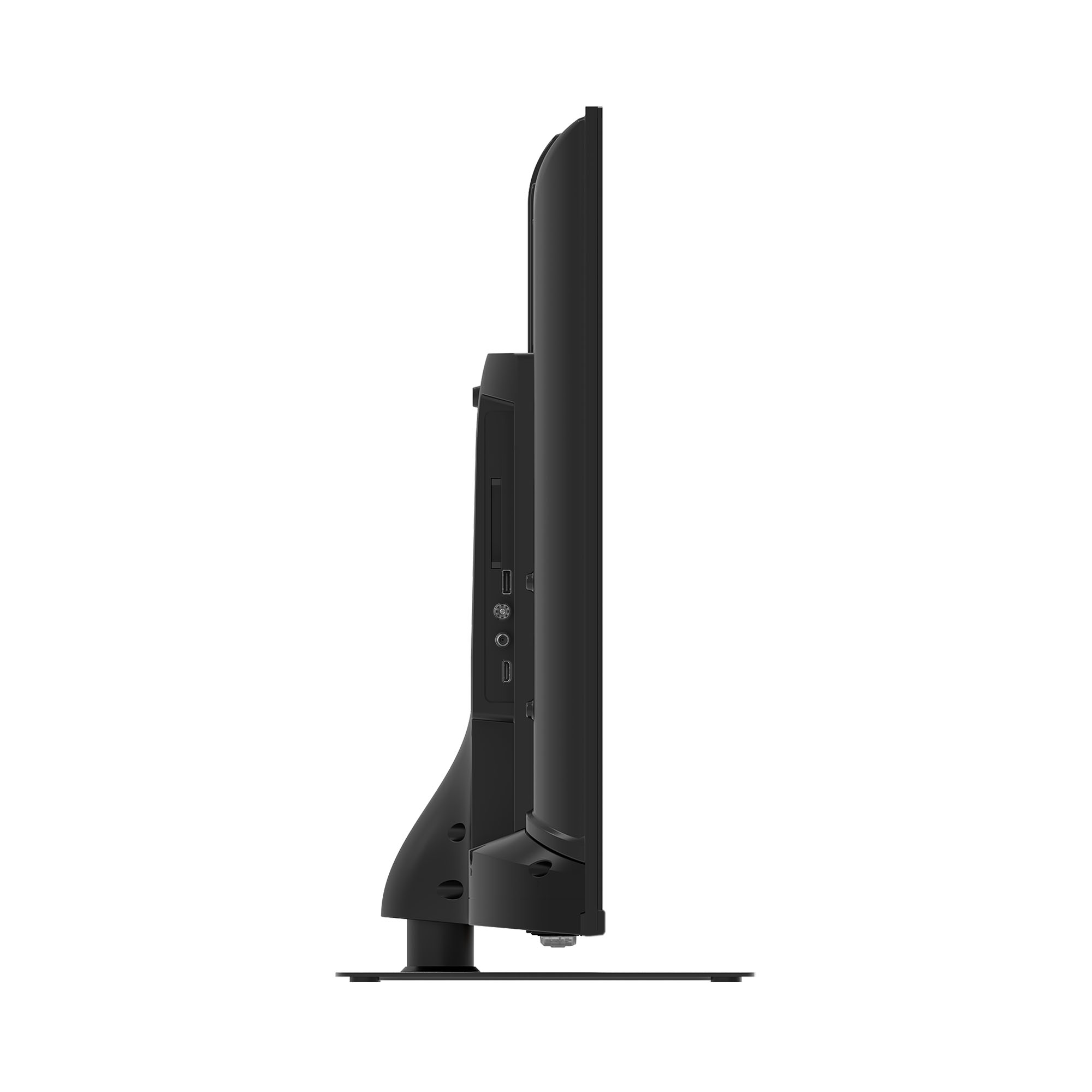 Black TV profile view, showing side ports and stand.