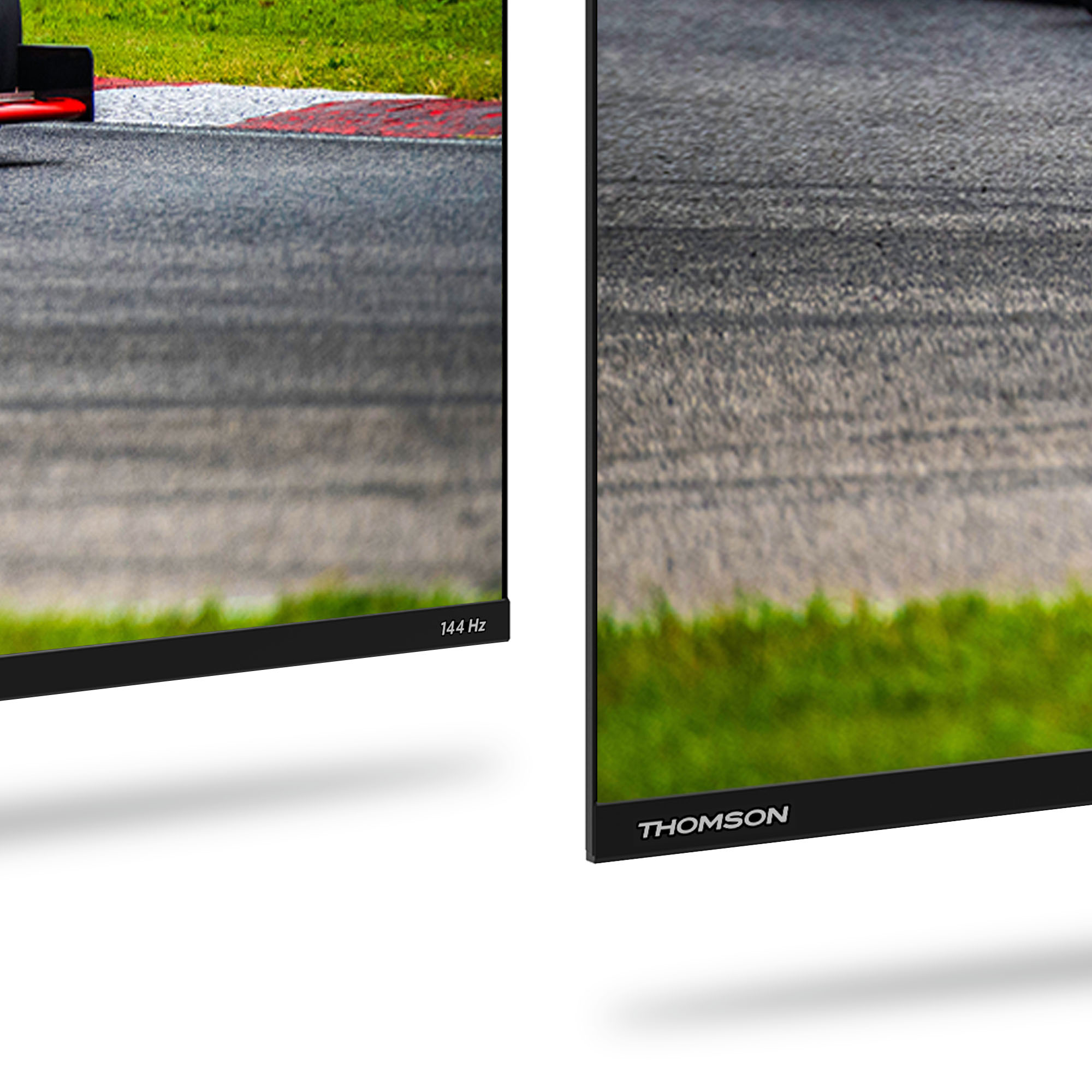 Two monitors displaying a race track. One monitor shows 144 Hz.  Black borders. White background.