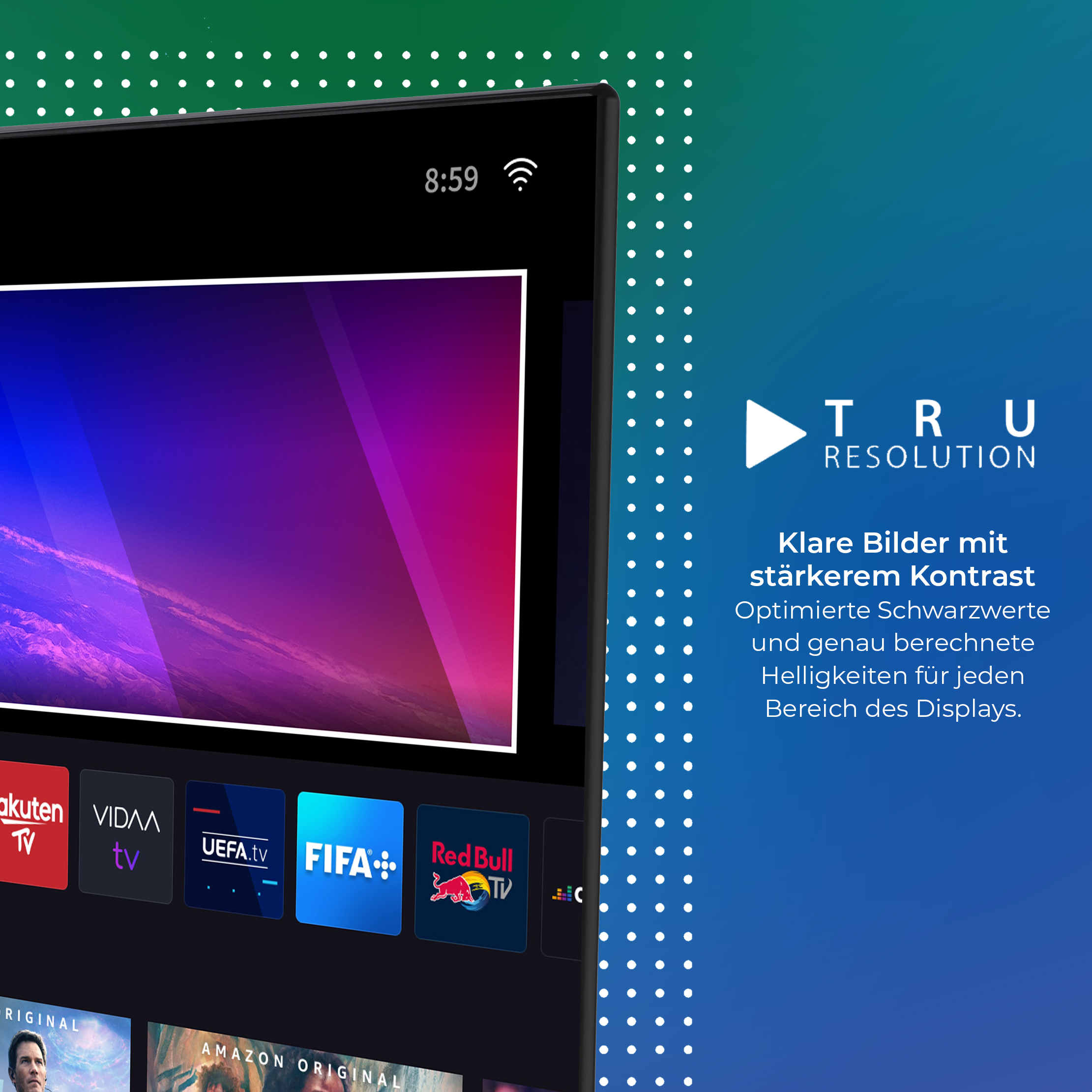Ein Fernsehbildschirm, der ein Programm mit mehreren App-Symbolen anzeigt. Text auf Deutsch. Der Hintergrund ist blau.