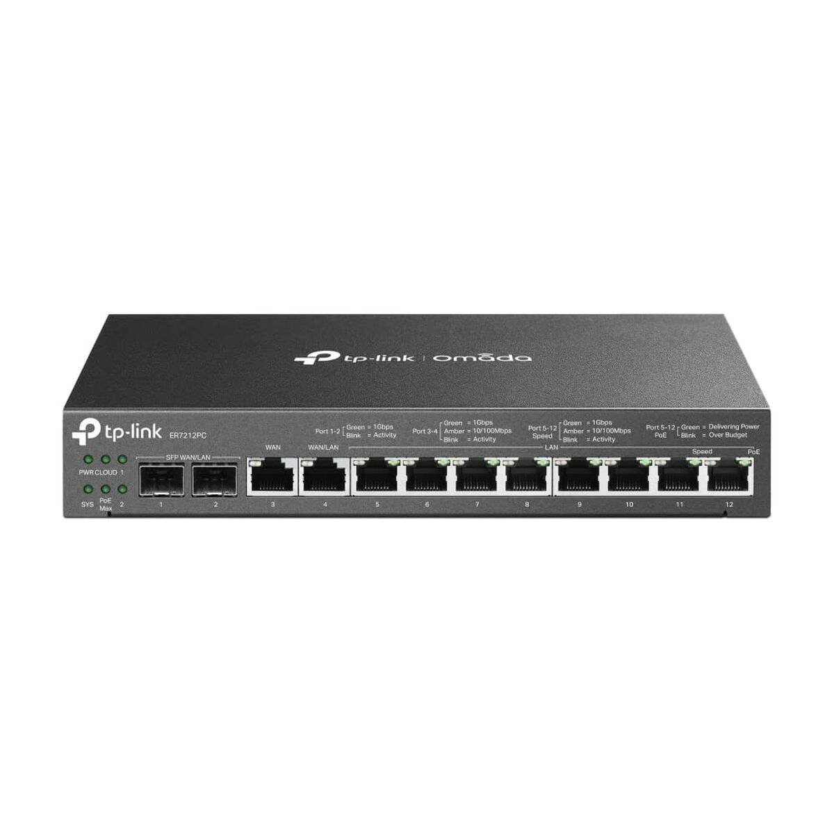 Een zwarte TP-Link Omada netwerkswitch met 12 poorten en diverse LED-indicatoren op een wit oppervlak.