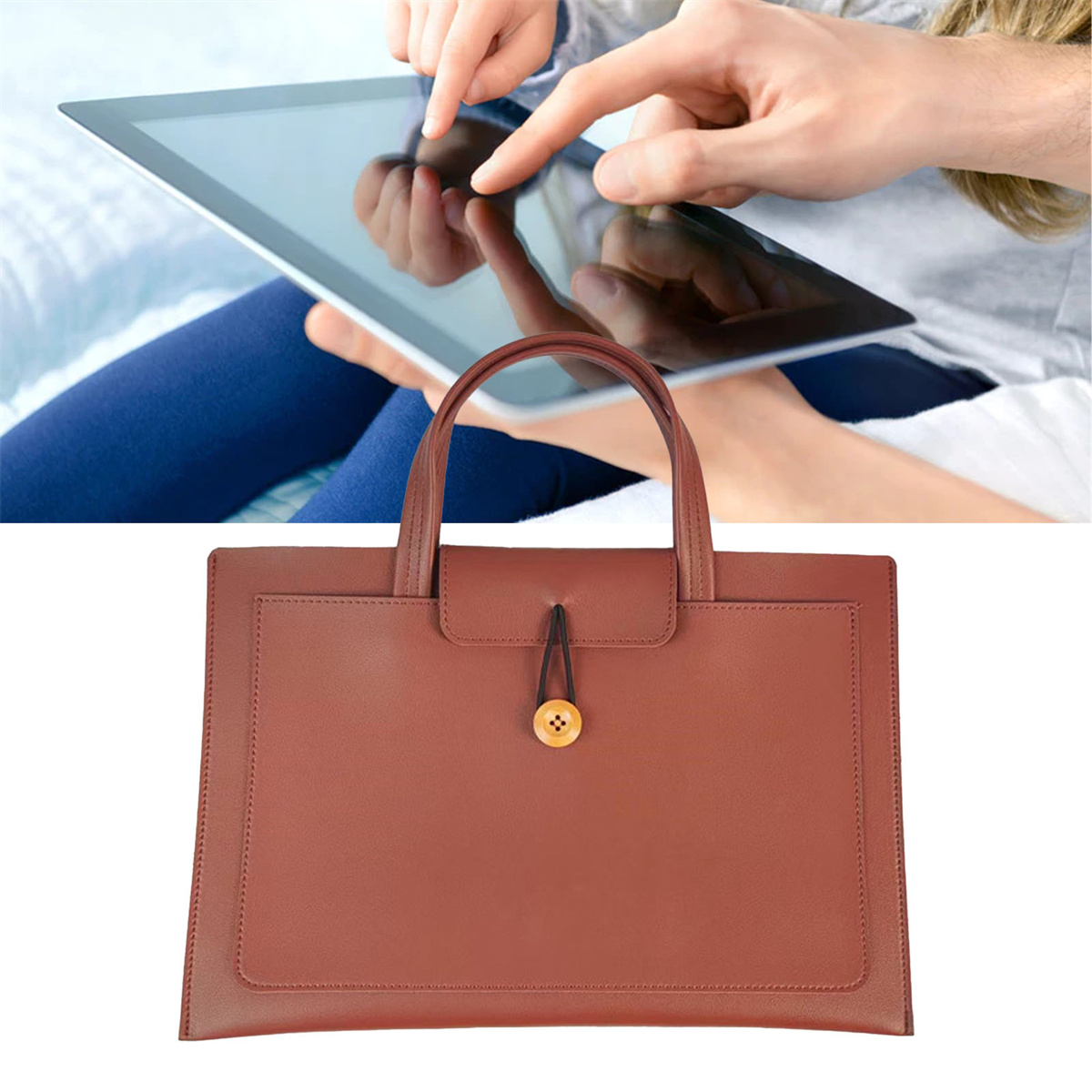 Hände benutzen ein Tablet, braune Ledertasche mit Knopfverschluss und Griff.