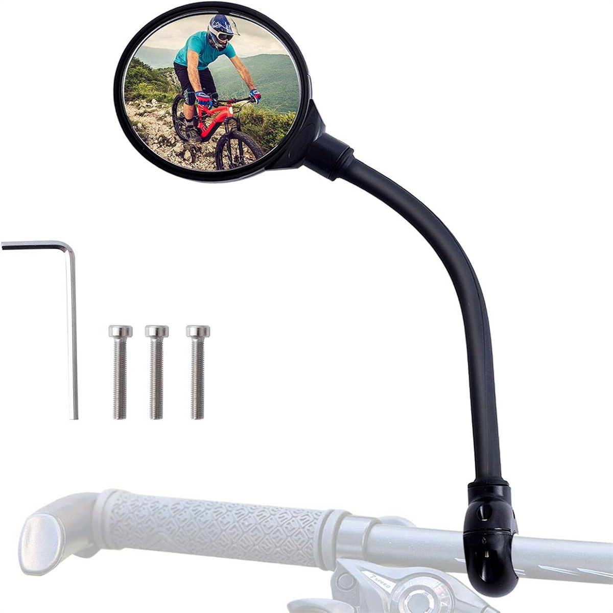 Fahrradspiegel mit Radfahrer im Spiegelbild. Enthält Befestigungsmaterial und einen schwarzen, gebogenen Arm.
