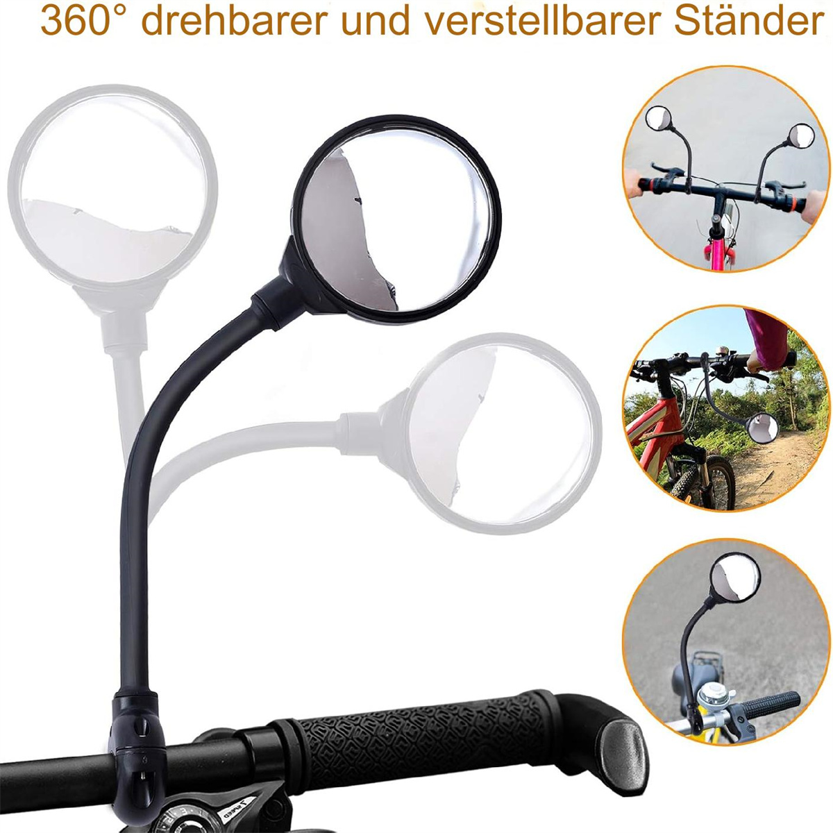 Fahrradspiegel: schwarz, verstellbar, am Lenker befestigt, zeigt verschiedene Winkel und Positionen.