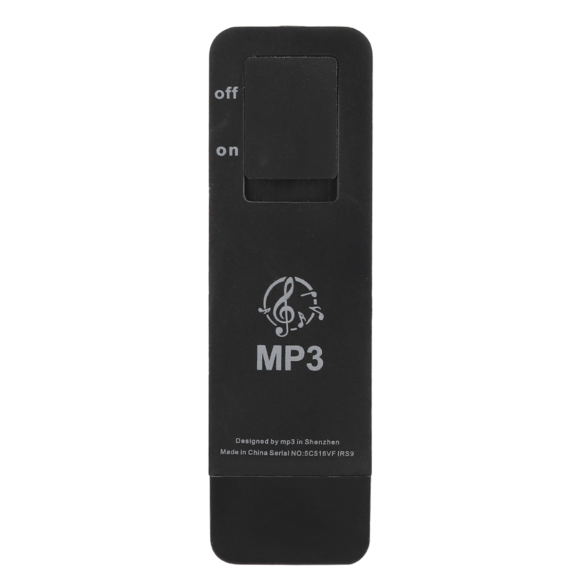 Schwarze MP3-Player-Fernbedienung. Hat Ein/Aus-Tasten und MP3-Logo.