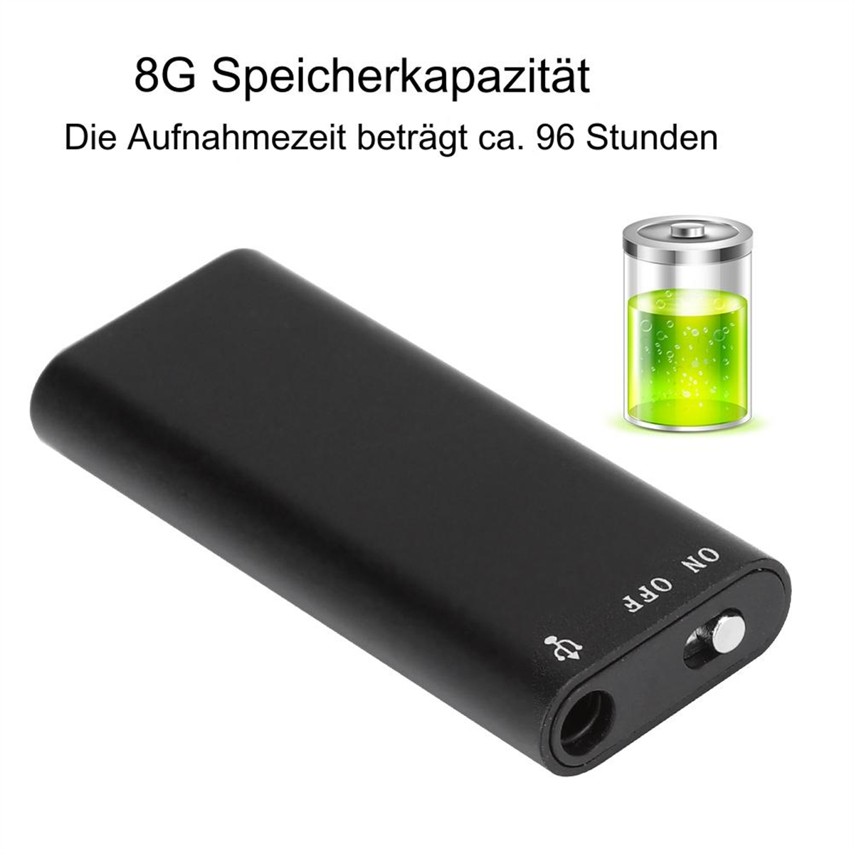 Ein schwarzes Aufnahmegerät mit Ein-/Ausschalter und Ladeanschluss, grünes Akkusymbol.