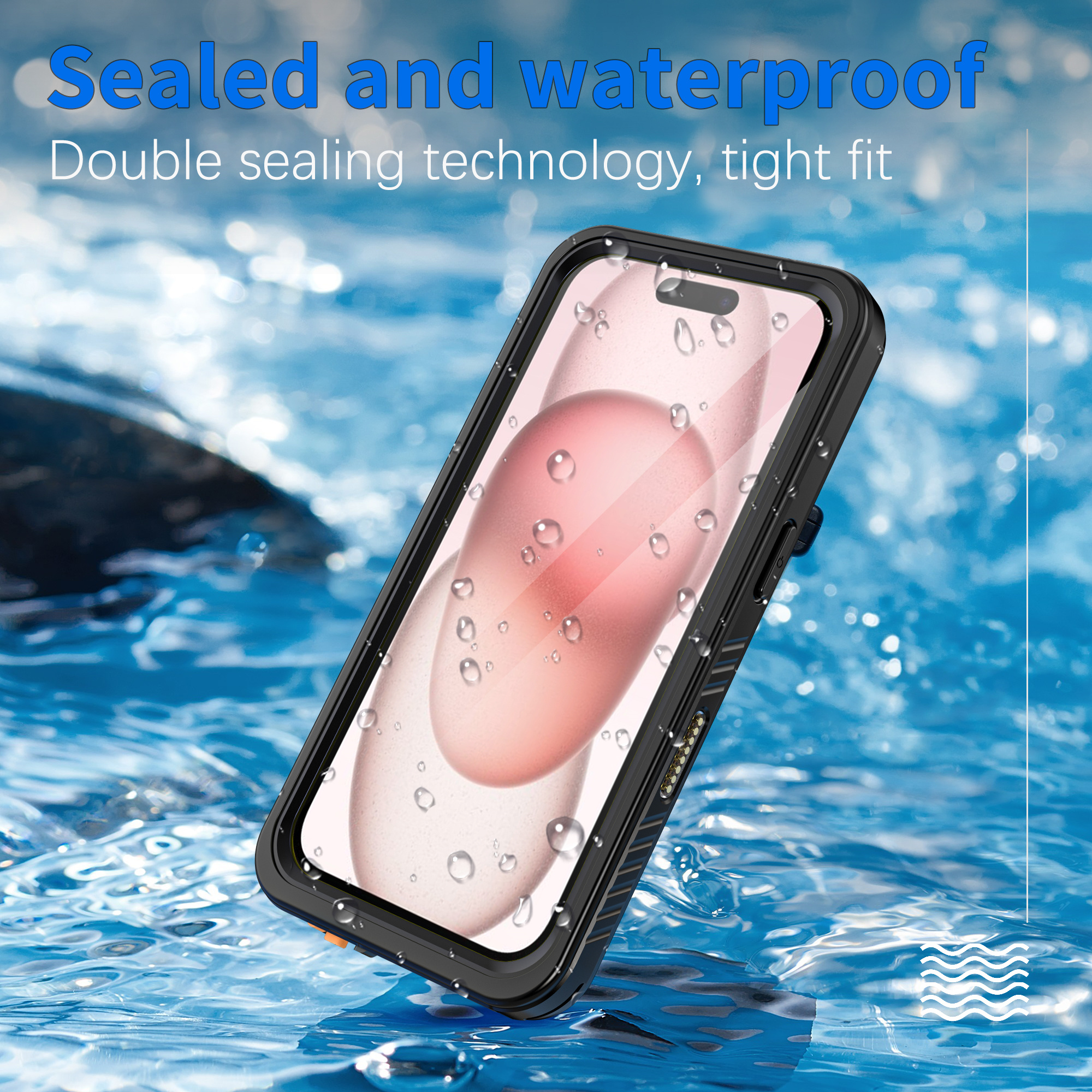 Wasserdichte Handyhülle mit Telefon darin, unter Wasser. Zeigt Wassertropfen.