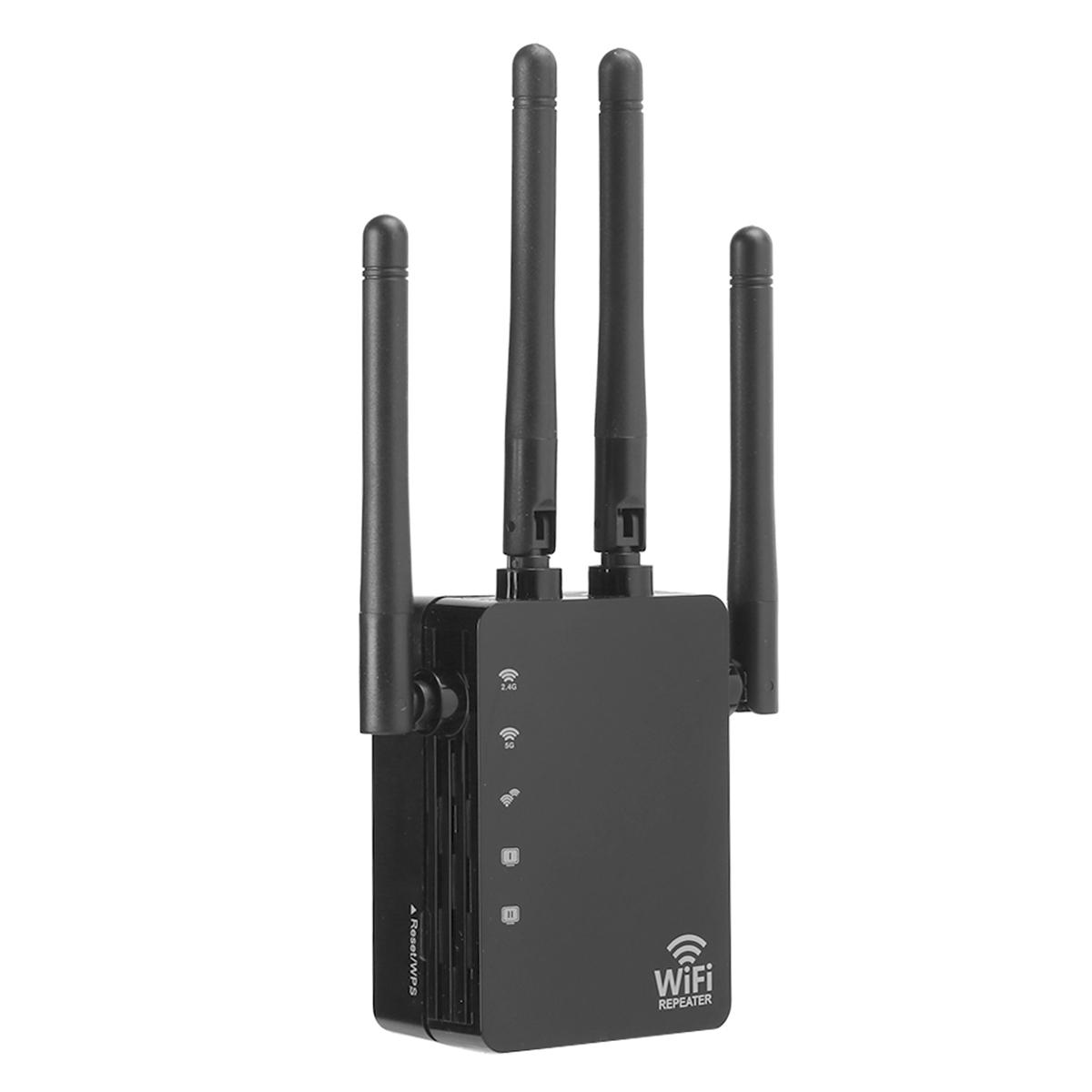 Schwarzer WLAN-Repeater mit vier Antennen. Er hat mehrere Kontrollleuchten und ein WLAN-Symbol.