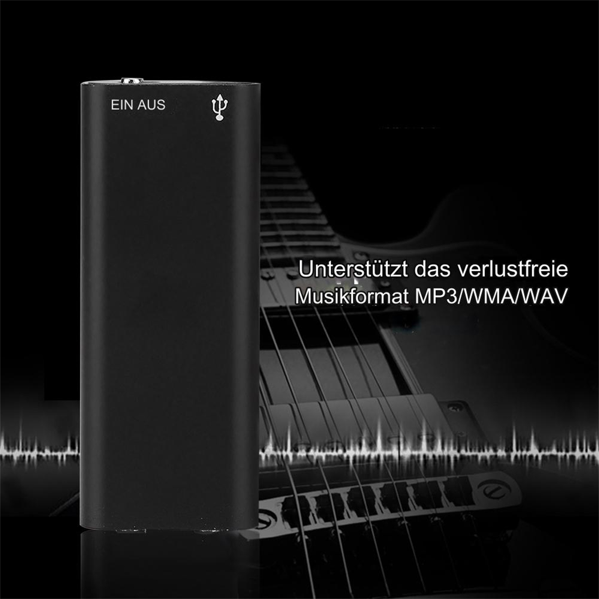 Schwarzes Audiogerät mit Ein-/Aus-Taste und USB-Anschluss. Text: Unterstützt verlustfreie MP3/WMA/WAV.