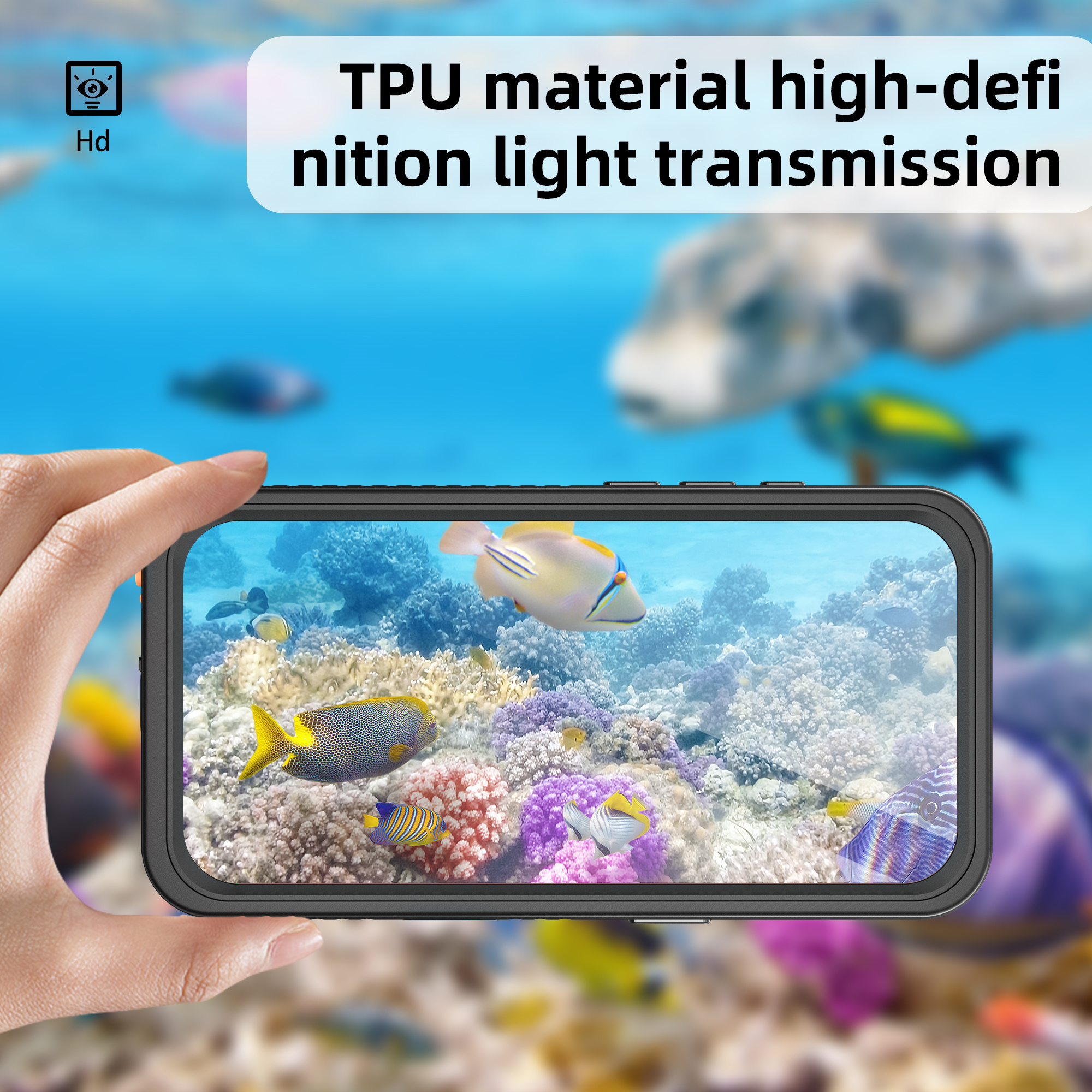 Person hält Telefon mit Bildschirm, der Unterwasserszene zeigt. Fische und Korallen sind sichtbar. HD-klar.