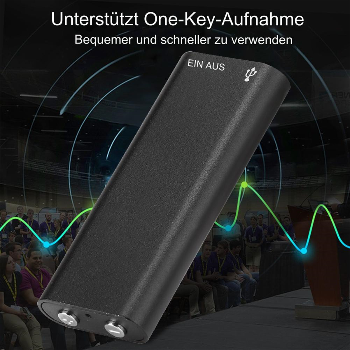 Ein schwarzer rechteckiger Sprachrekorder mit Knöpfen und USB-Anschluss.
