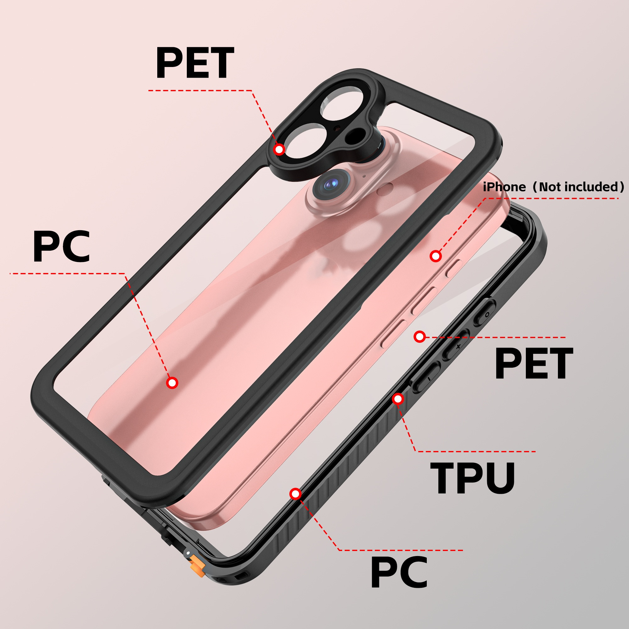 Handyhülle mit Schichten aus PET, PC und TPU. Klare Vorderseite, schwarzer Rahmen und rosa Innenschicht. Weißer Hintergrund.