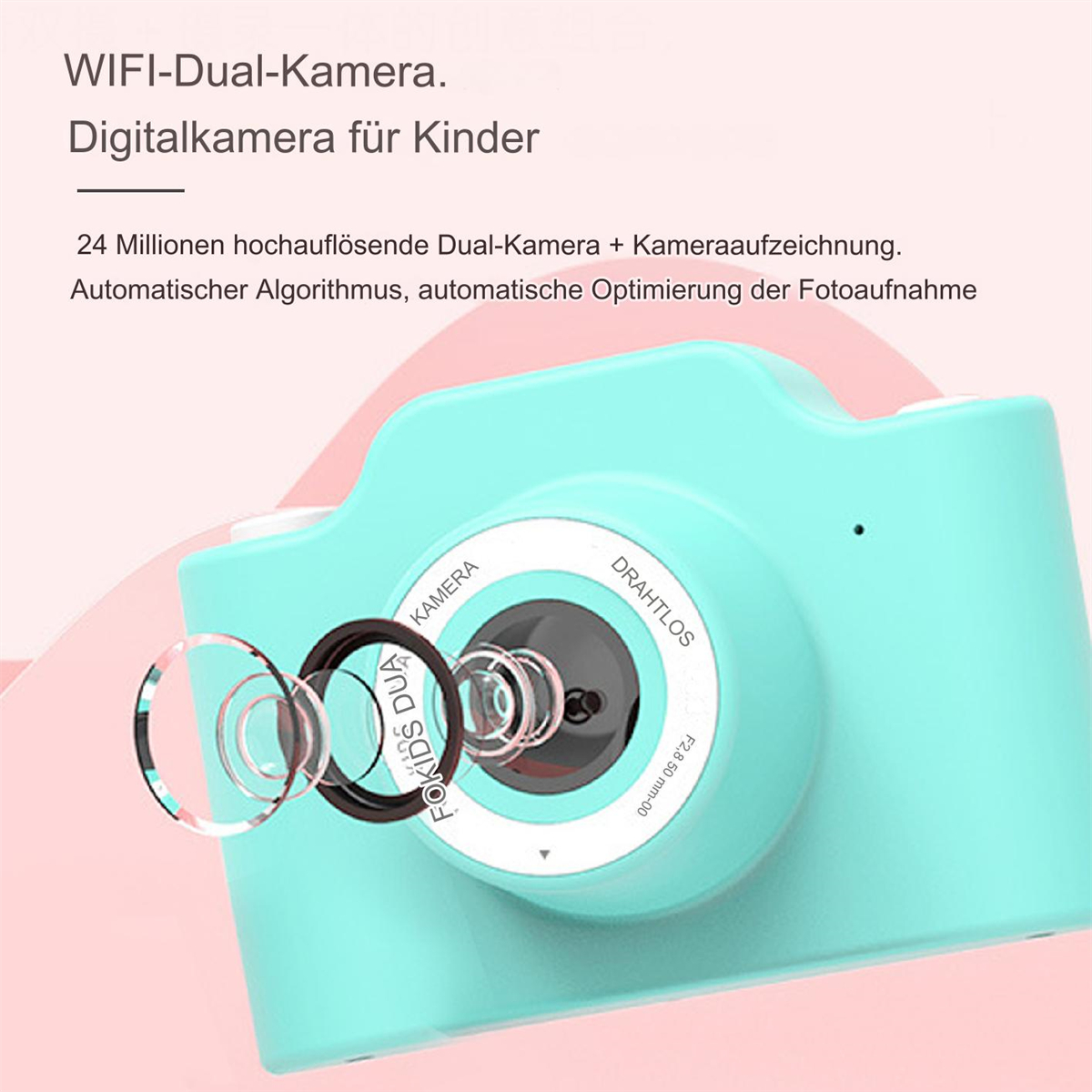 Türkisfarbene Kinderkamera mit Dual-Objektiv und Zubehör.