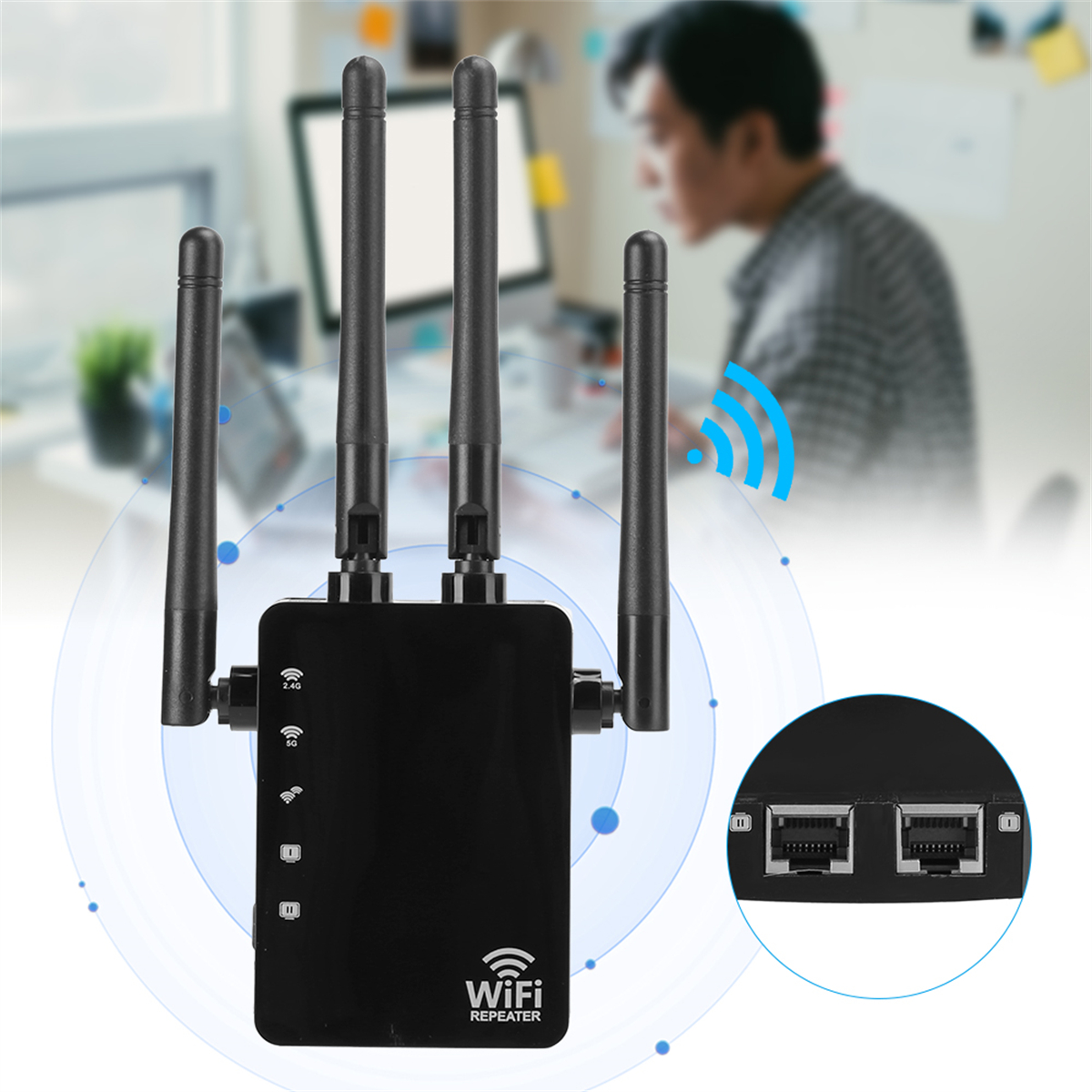 Schwarzer WLAN-Repeater mit Antennen und Person im Hintergrund.