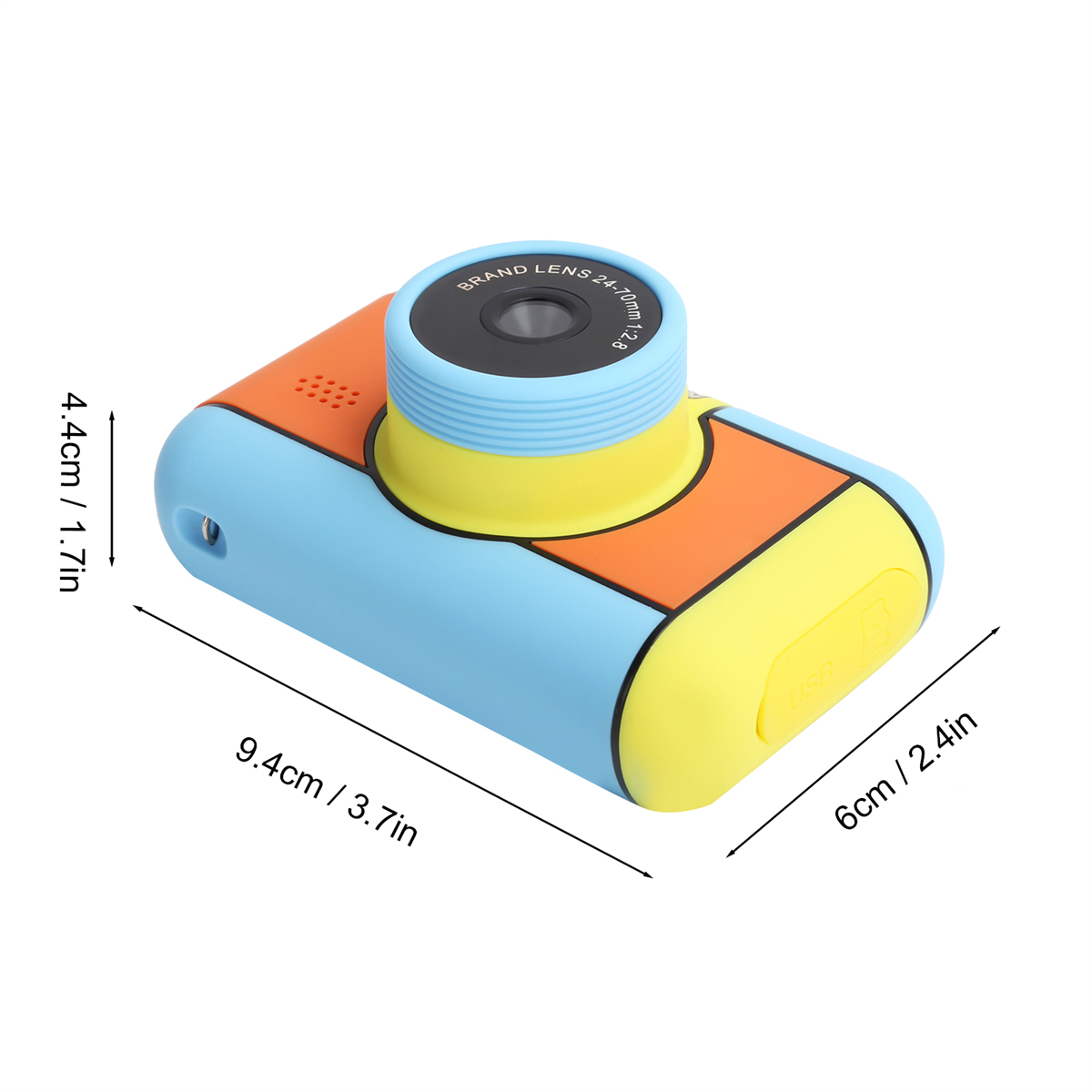Eine bunte Digitalkamera mit Abmessungen. Sie ist blau, orange und gelb.