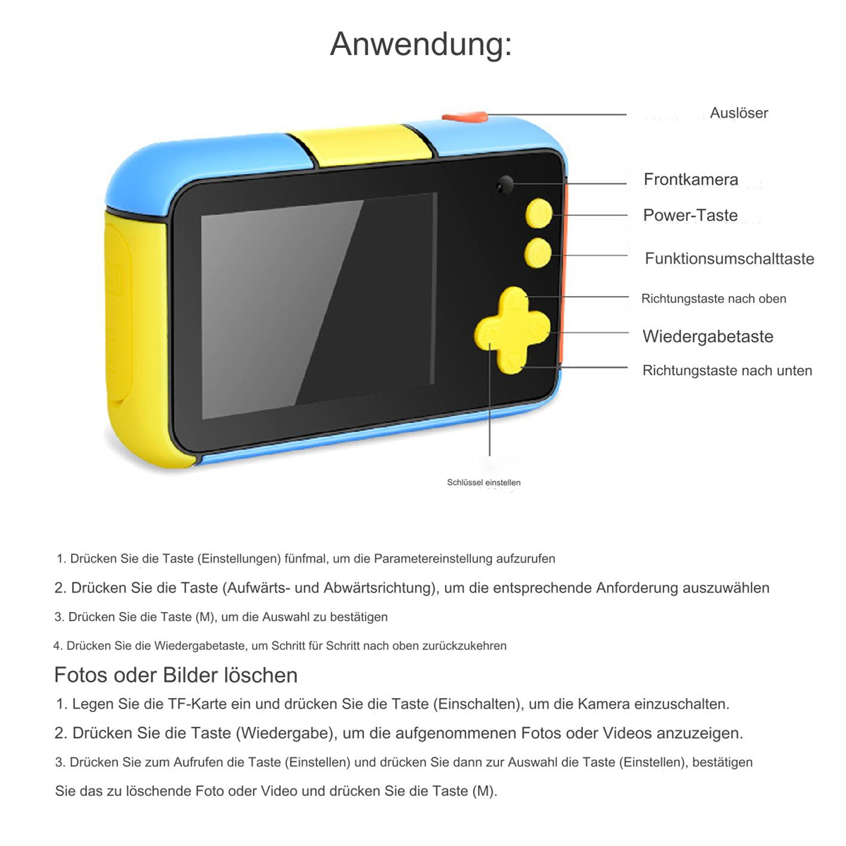 Eine bunte Kinderkamera mit Knöpfen und Anweisungen. Sie hat eine gelb-blaue Farbgebung und einen Bildschirm.