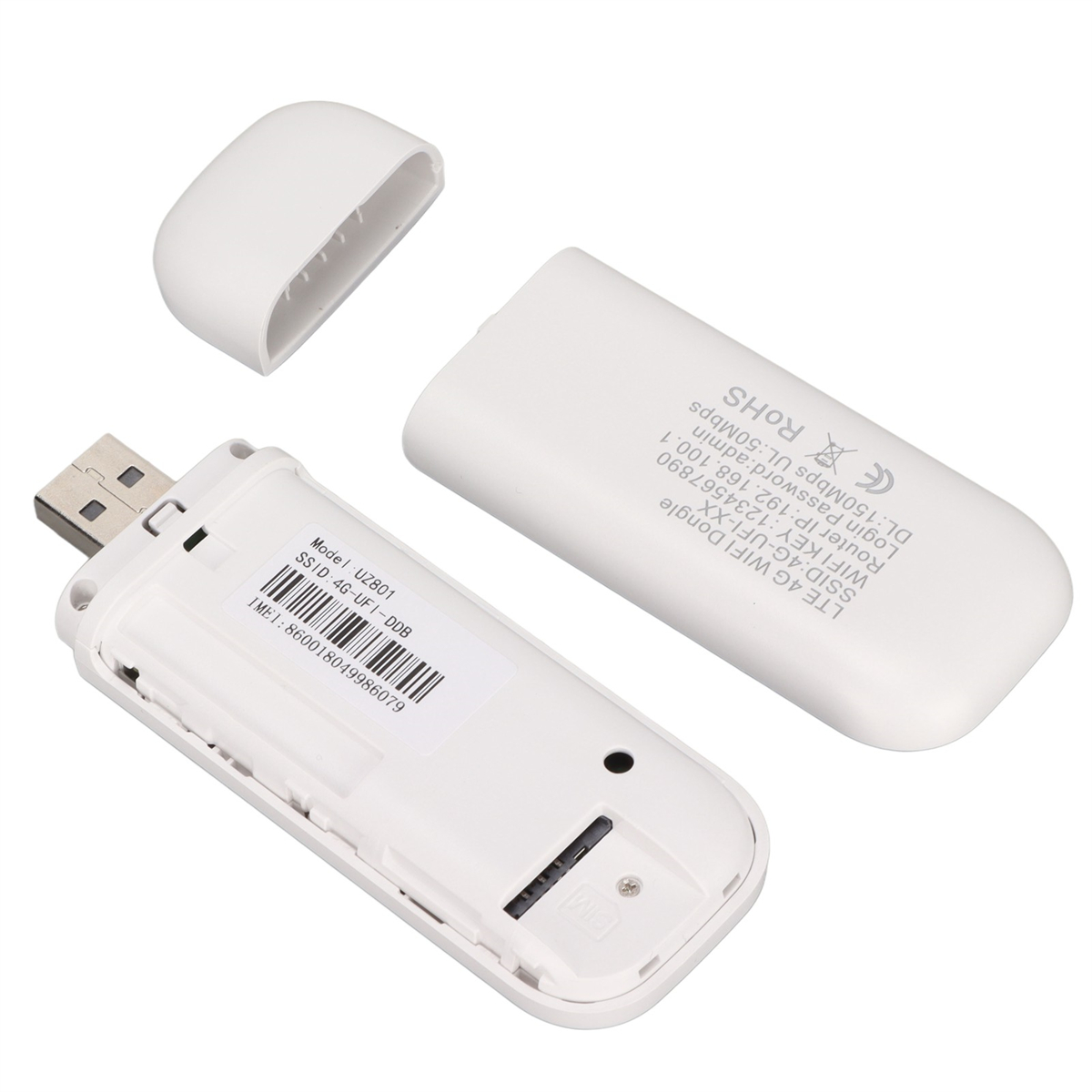 Weißer 4G-WLAN-Dongle geöffnet, mit SIM-Karten-Slot und Produktdetails.