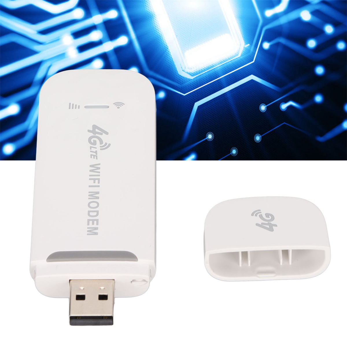 Weißes 4G LTE WiFi Modem. Enthält einen USB-Anschluss und eine separate Kappe.