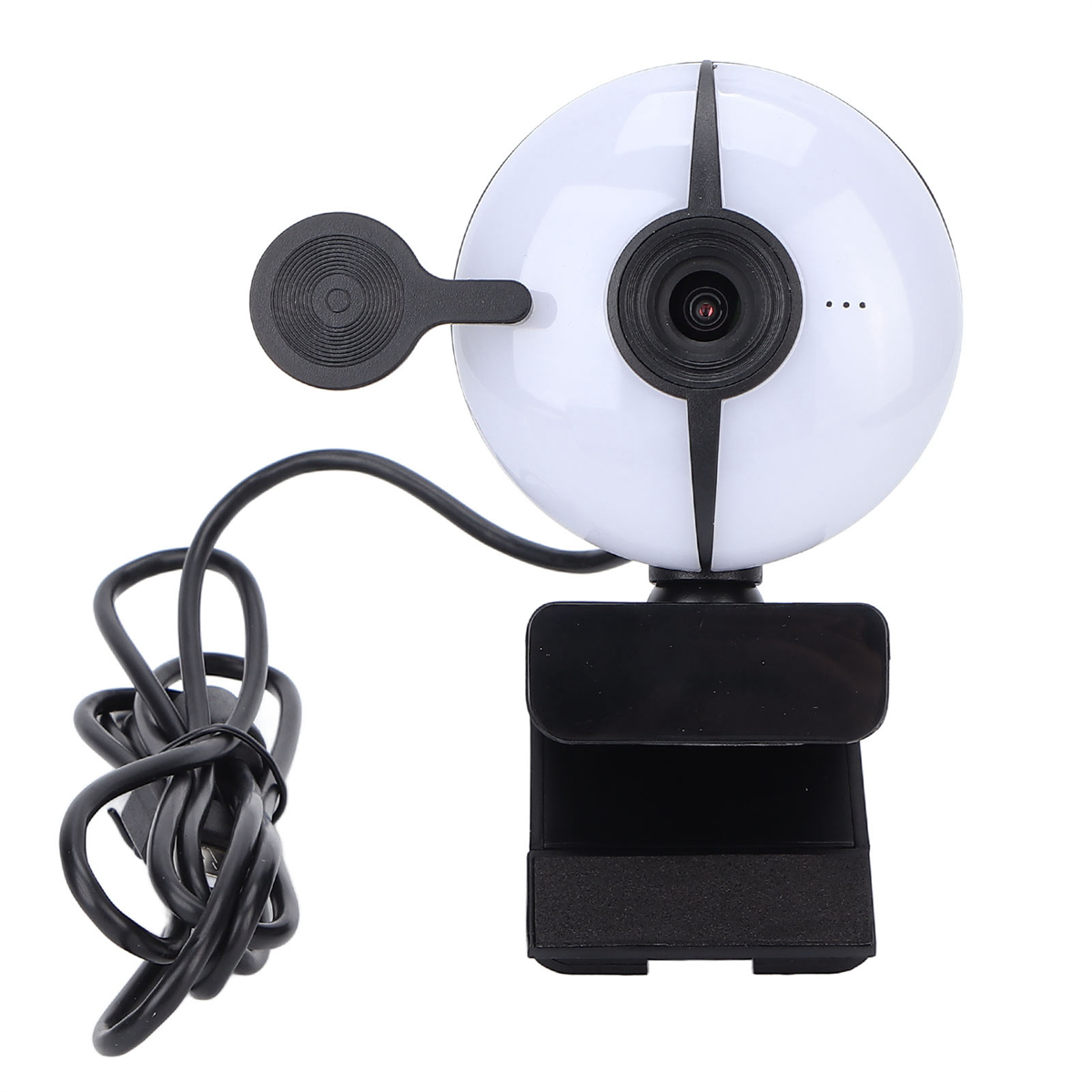 Weiße Webcam mit schwarzen Details, runde Form, angebrachtes Kabel und schwarze Basis.