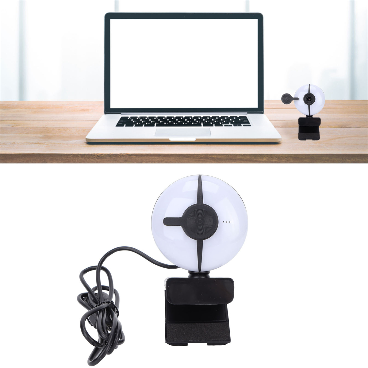 Laptop- und Webcam-Setup. Die Webcam ist weiß mit schwarzen Details. Hintergrund ist ein Holztisch und Fenster.