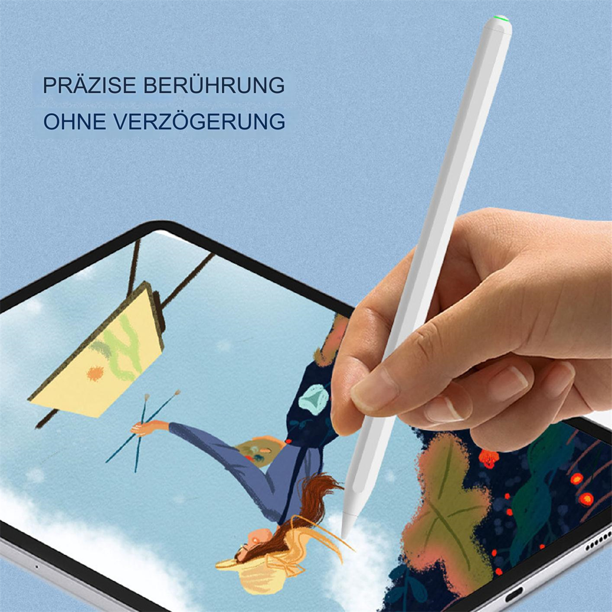 Eine Person verwendet einen weißen Stift auf einem Tablet, illustriert Kunst mit Text.
