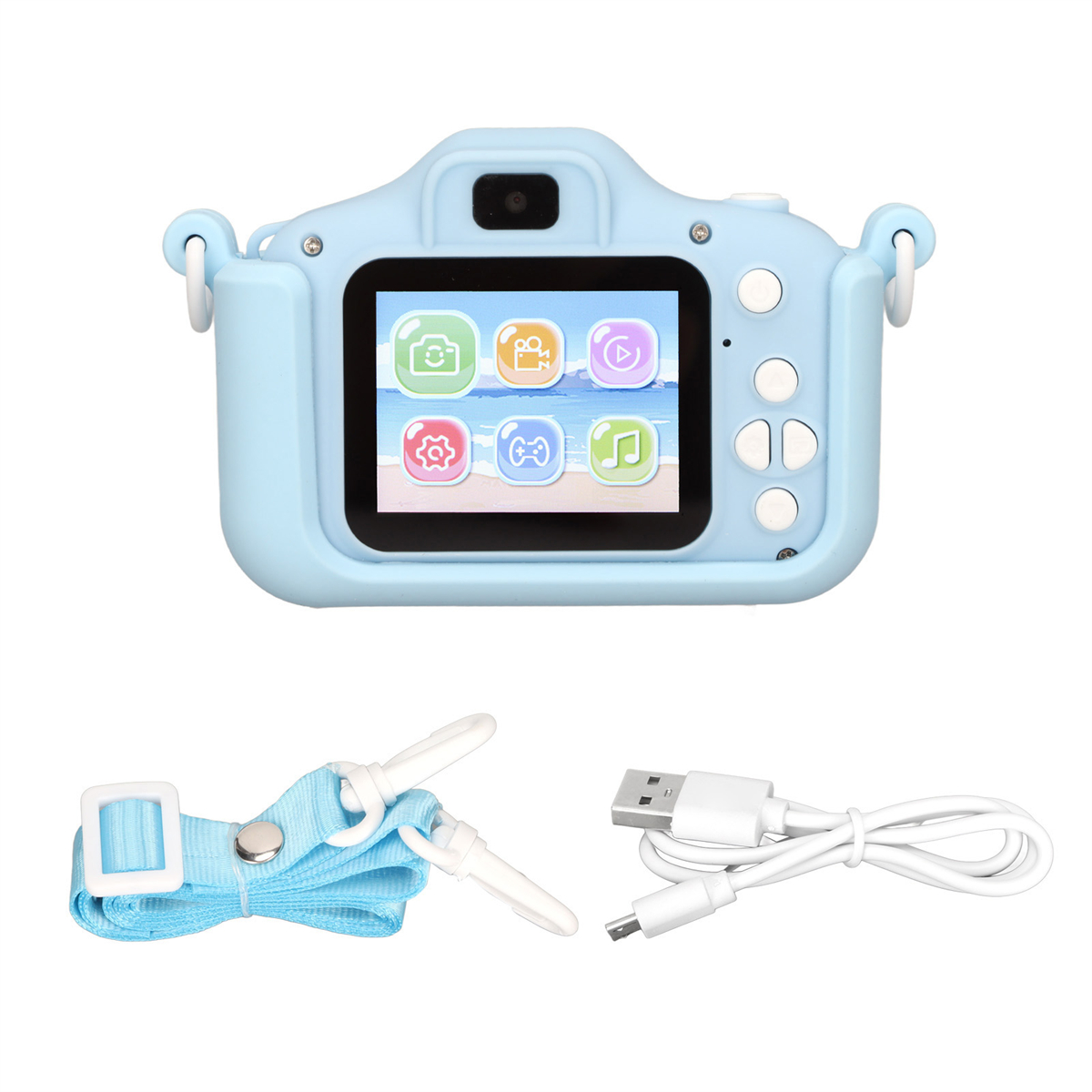 Blaue Kinderkamera mit Bildschirm und Knöpfen. Ein Gurt und ein Ladekabel befinden sich neben der Kamera.