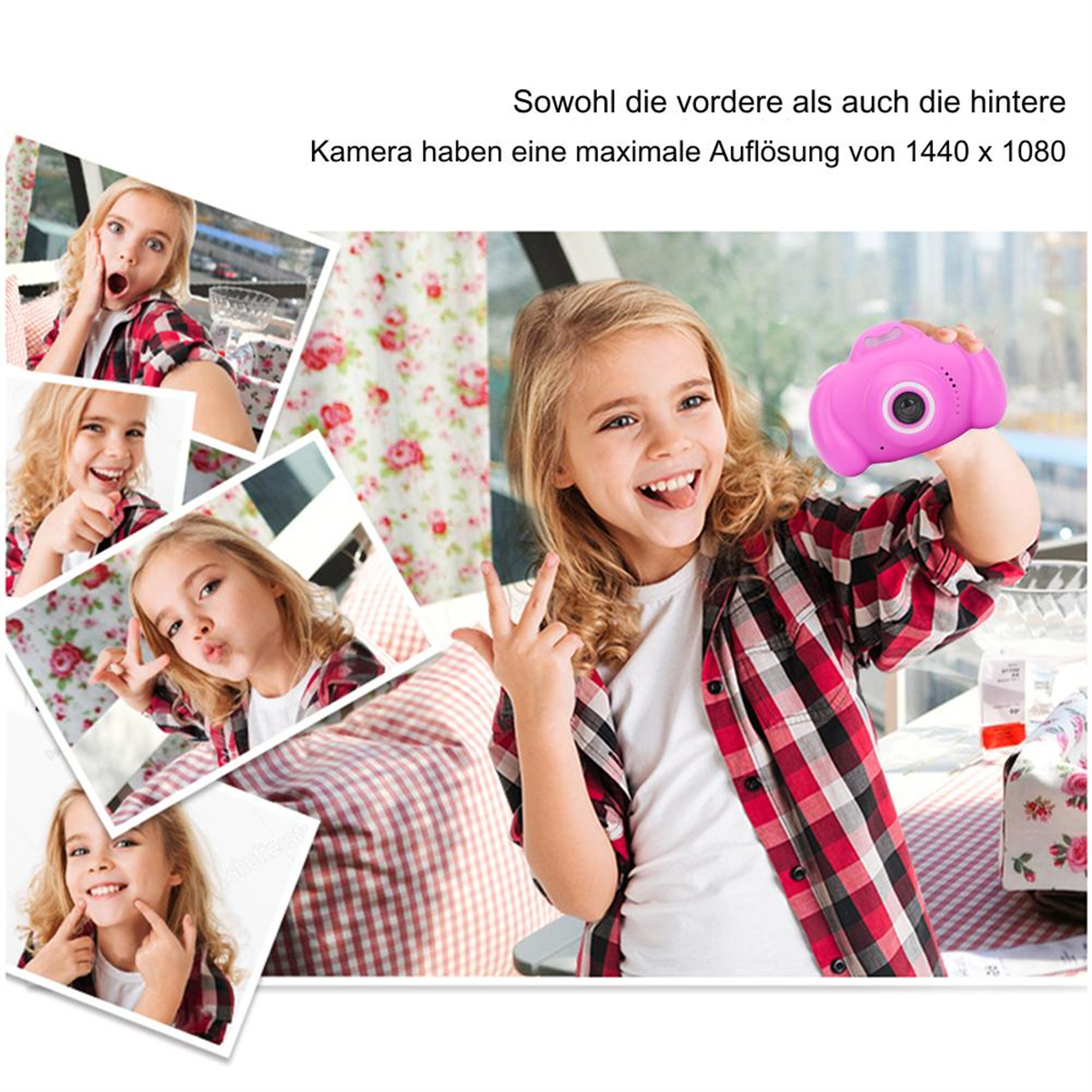 Mädchen hält eine rosa Kamera, mit mehreren Bildern von ihr beim Posen und Lächeln.