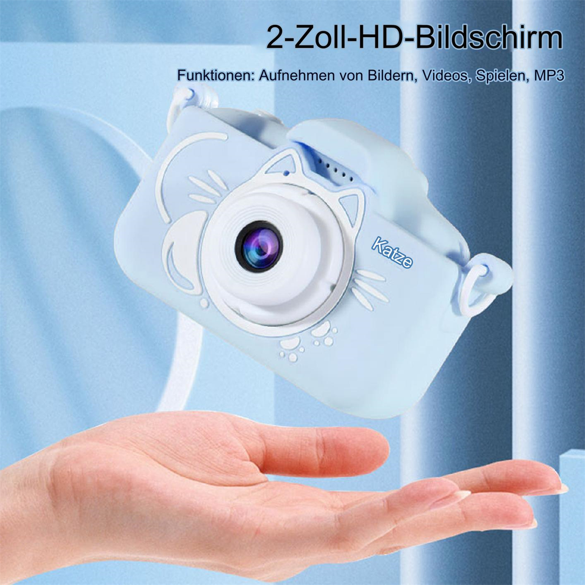 Blaue Spielzeugkamera mit Katzendesign, gehalten von einer Hand, mit dem Text '2-Zoll-HD-Bildschirm' und 'Katze'.