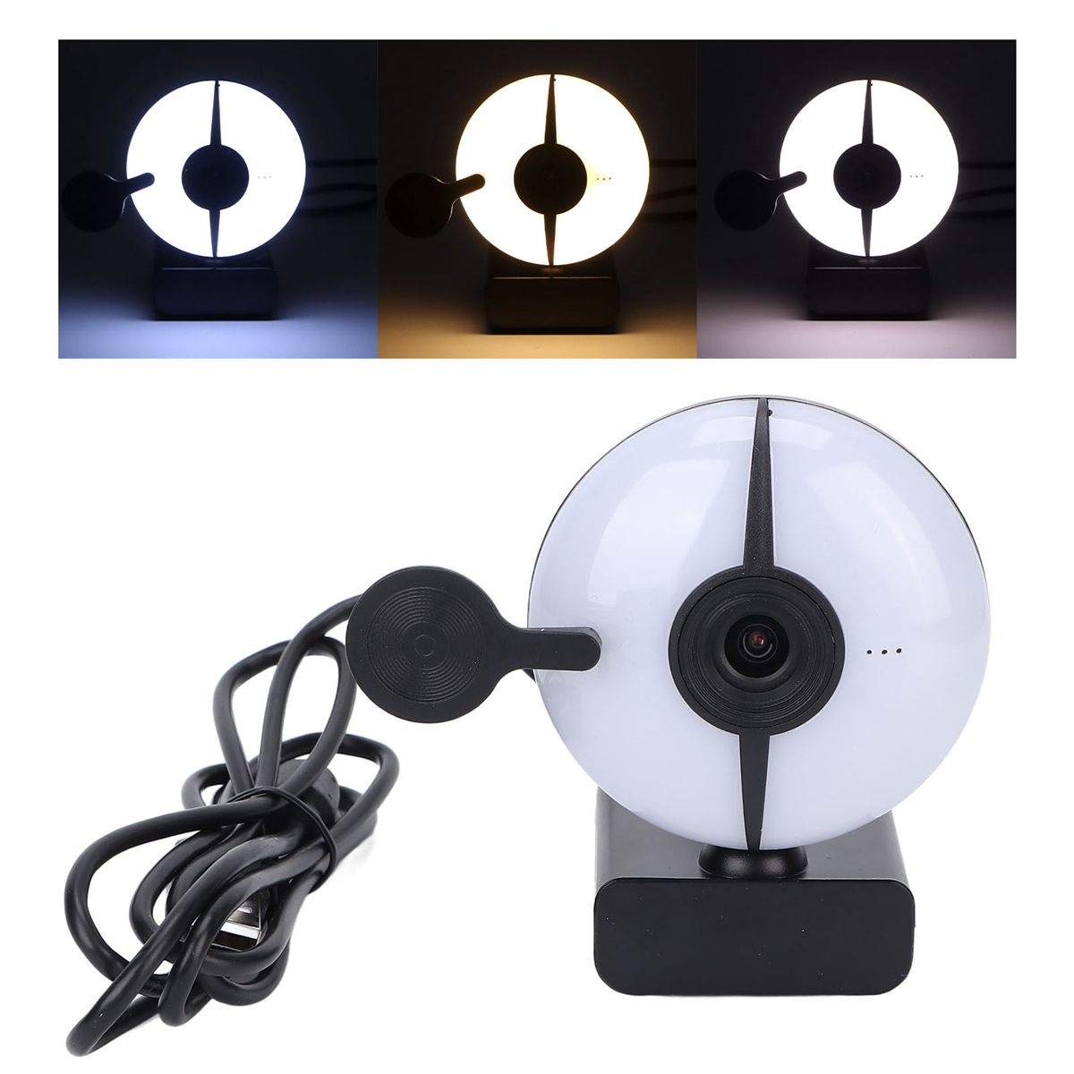 Eine weiße und schwarze Lampe mit kreisförmigem Licht und schwarzem Sockel, mit Lichtvariationen gezeigt.