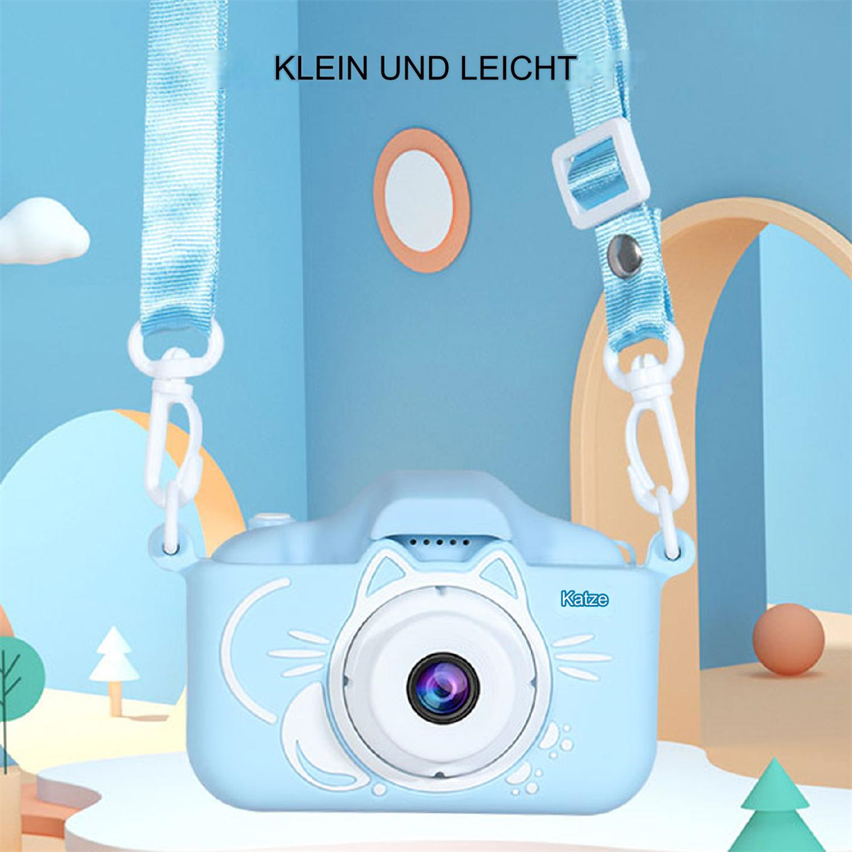 Eine blaue, katzenförmige Kamera mit Halsband. Der Text "Klein und Leicht" steht darüber.
