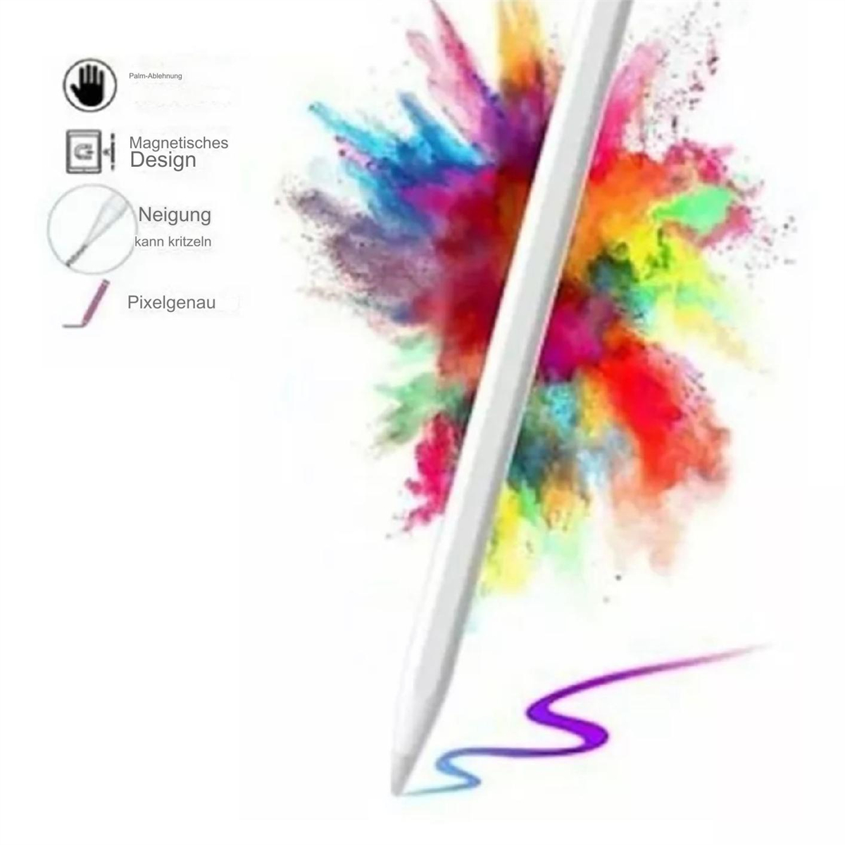 Weißer Stylus-Stift mit buntem Farbausbruch im Hintergrund und Linien.