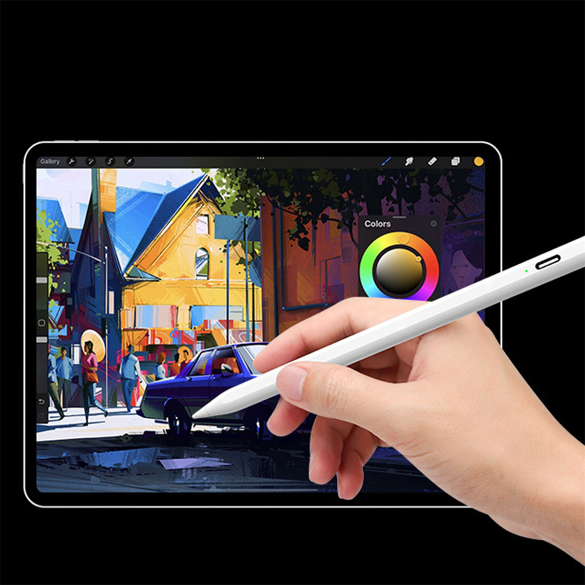 Hand benutzt Stift auf Tablet mit farbenfroher digitaler Kunstszene einer Stadt.